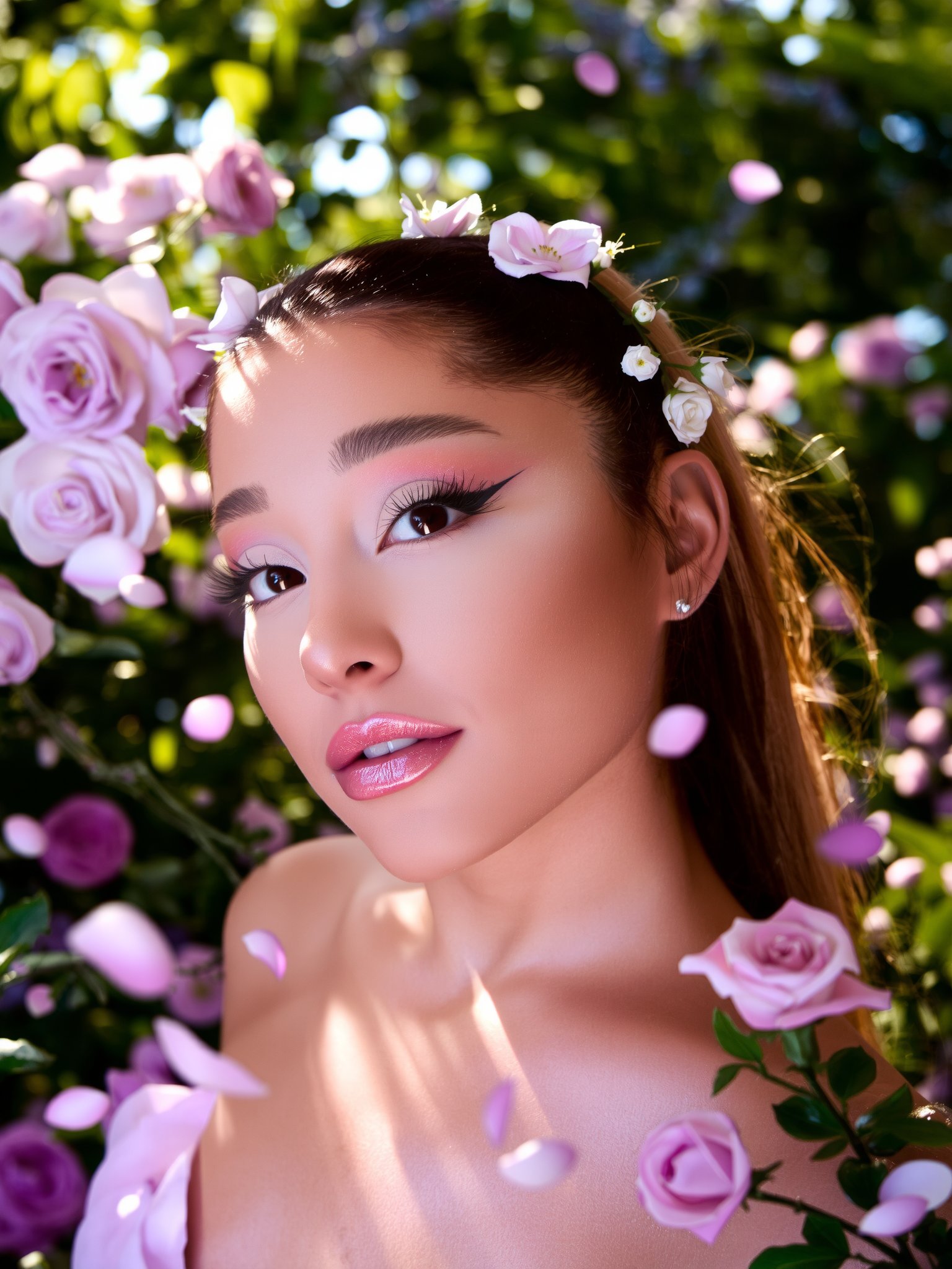 Ariana Grande closeup in a dreamy pastel garden,  soft sunlight filtering through the trees,  casting gentle shadows acros...