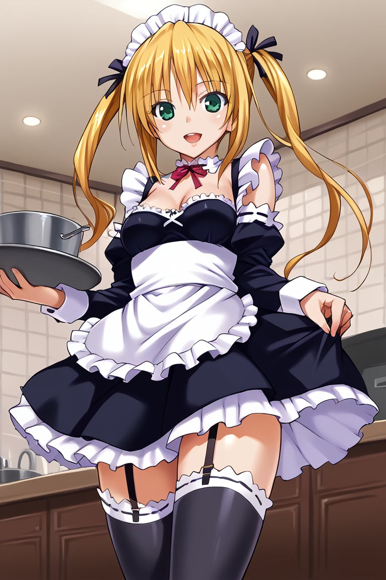 score_9, score_7, nyatabe BREAK
1girl, himegamikodama, apron, black legwear, blonde hair, breasts, cleavage, detached sleeves, enmaided, garter belt, garter straps, long hair, maid, maid headdress, medium breasts, open mouth, solo, sparkle, standing, thighhighs, twintails, waitress, green eyes,
looking at viewer, closed mouth, light smile,
indoors,