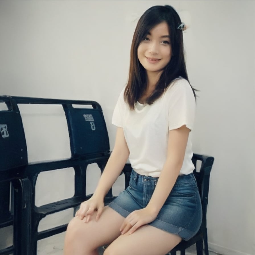 1girl, solo, long hair, looking at viewer, smile, skirt, simple background, brown hair, shirt, black hair, white background, standing, full body, white shirt, short sleeves, shorts, grey background, black footwear, high heels, from side, lips, chair, denim, denim shorts, realistic