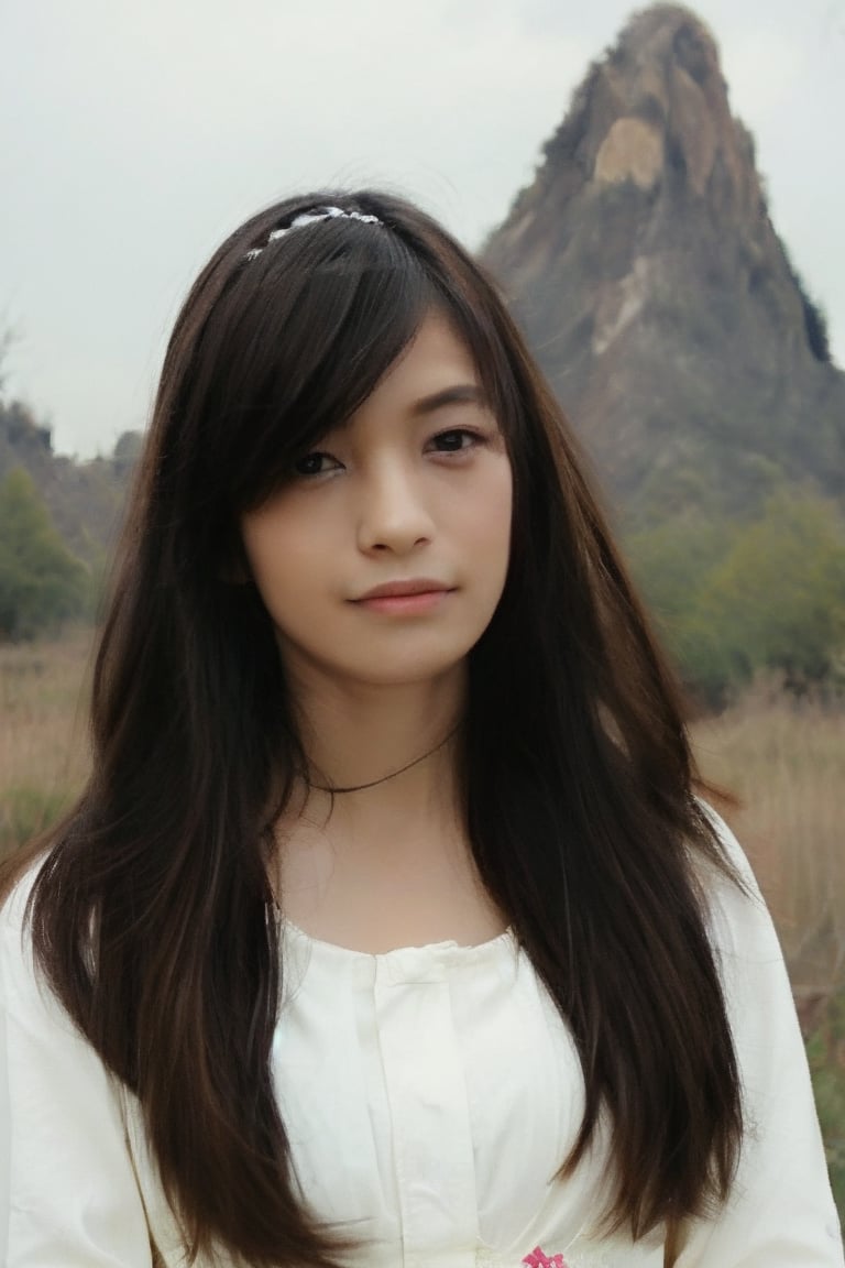 1girl, solo, long hair, looking at viewer, bangs, simple background, brown hair, black hair, long sleeves, white background, dress, jewelry, closed mouth, jacket, multicolored hair, necklace, white dress, lips, coat, black jacket, shadow, realistic, ((cowboy_shot,standing))