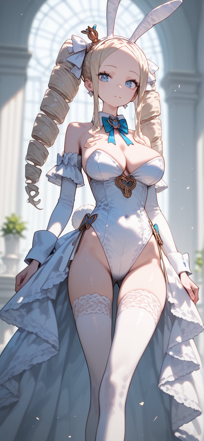  breasts, looking at viewer, large breasts, jewelry, slim body, slim legs, vivid color, masterpiece, best quality, amazing quality, very aesthetic, absurdres, depth of field, score_9, score_8, score_7, score_6, Betty, white bunnygirl 