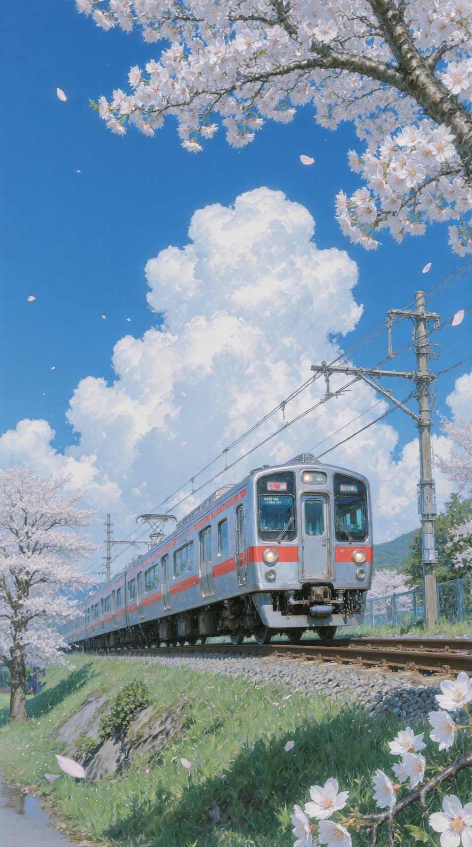 数字油画,  Realism blends with natural light,  The train passed by and the cherry blossoms scattered everywhere by RAY3780 on...