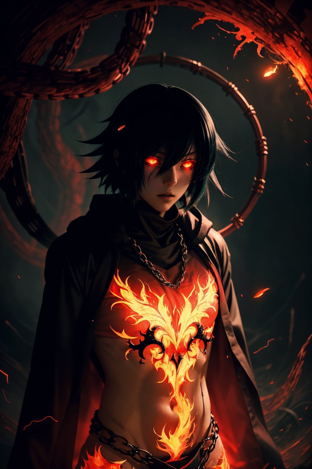 (Anime-style:1.3), (Dark and intense:1.2), A striking anime character, shrouded in shadows and poised for battle, stands against a deep crimson background adorned with menacing chains. Glowing red hollow fire particles dance around the scene, creating an otherworldly ambiance. The unique pastel look adds an ethereal touch to this dramatic and visually intense composition.