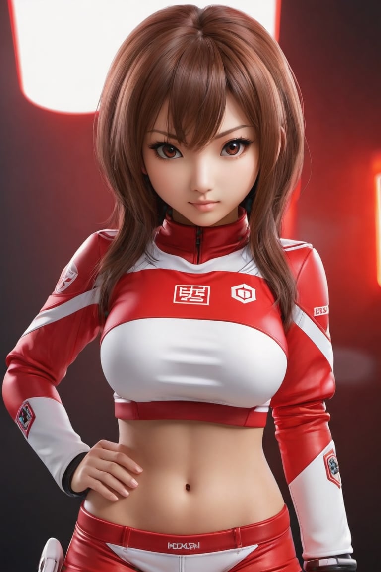 Hexatron, mascot, chibi, 1girl, mixed hairs, red and white, electric effect, the word "Redha" marked in the mascot chest, High definition, Photo detailed, intricate, production cinematic character render, ultra high quality model, full-body_portrait, , iori moe, japanese girl, sayaairie