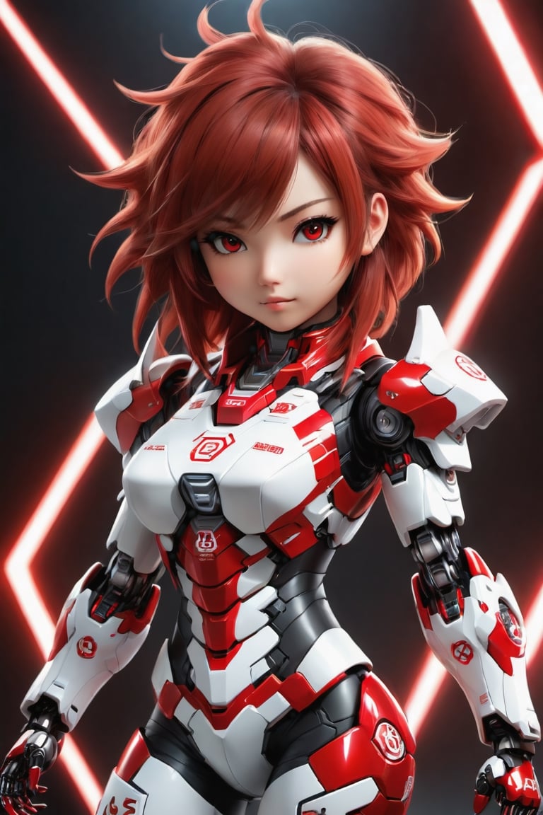 Hexatron, mascot, chibi, 1girl, mixed hairs, red and white, electric effect, the letters "REDHA" marked in the mascot chest, High definition, Photo detailed, intricate, production cinematic character render, ultra high quality model, full_body portrait, japanese girl, sayaairie,mecha