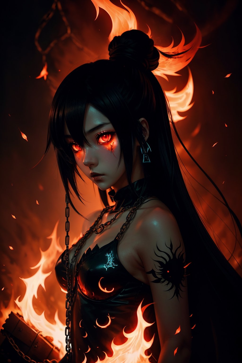 (Anime-style:1.3), (Dark and intense:1.2), A striking anime character, Indonesia, shrouded in shadows and poised for battle, stands against a deep crimson background adorned with menacing chains. Glowing red hollow fire particles dance around the scene, creating an otherworldly ambiance. The unique pastel look adds an ethereal touch to this dramatic and visually intense composition.