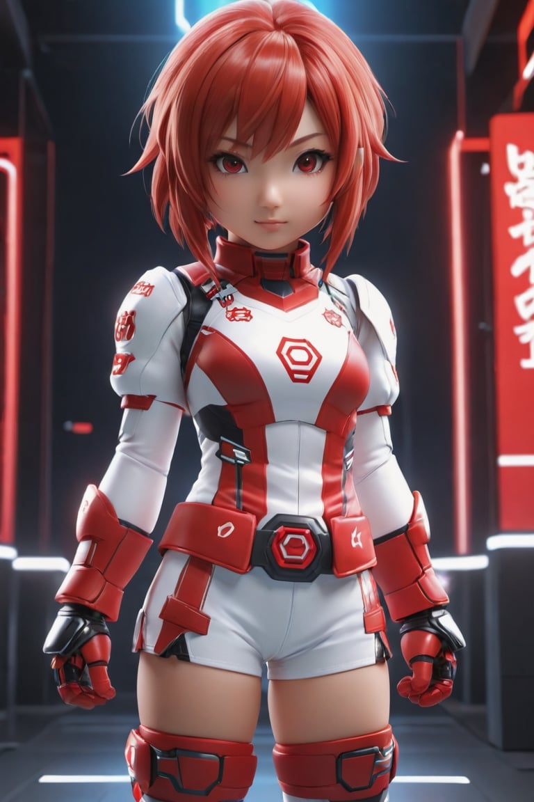 Hexatron, mascot, chibi, 1girl, mixed hairs, red and white, electric effect, the word "Redha" marked in the mascot chest, High definition, Photo detailed, intricate, production cinematic character render, ultra high quality model, full-body_portrait, , iori moe, japanese girl, sayaairie