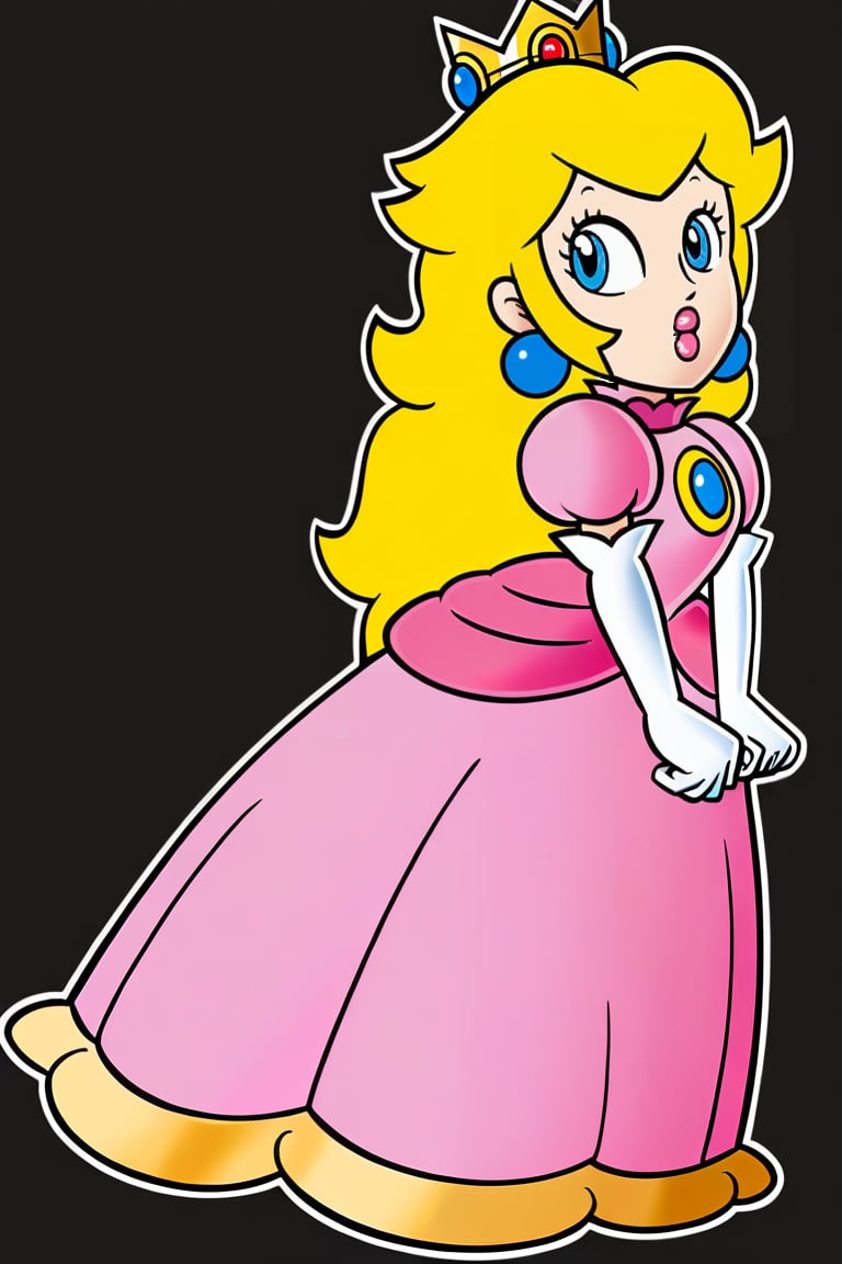 A Princess Peach, stand full length wide,beautiful face and eyes,quality,perfect shadows,blonde hair,princess peach,earrings, white background