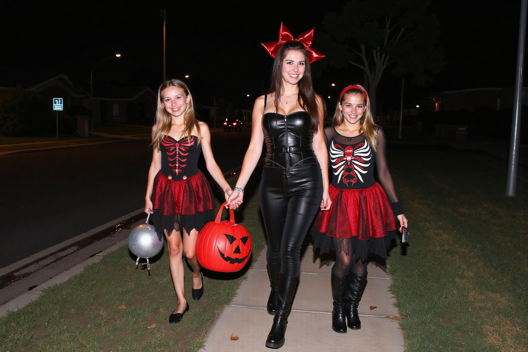 A gorgeous photo of a mother and her two  tween daughters, dressed in sexy Halloween costumes, holding a candy bag, walking on the footpath of a quiet suburban Australian street at night, trick or treaters, Halloween theme, smiling for the camera