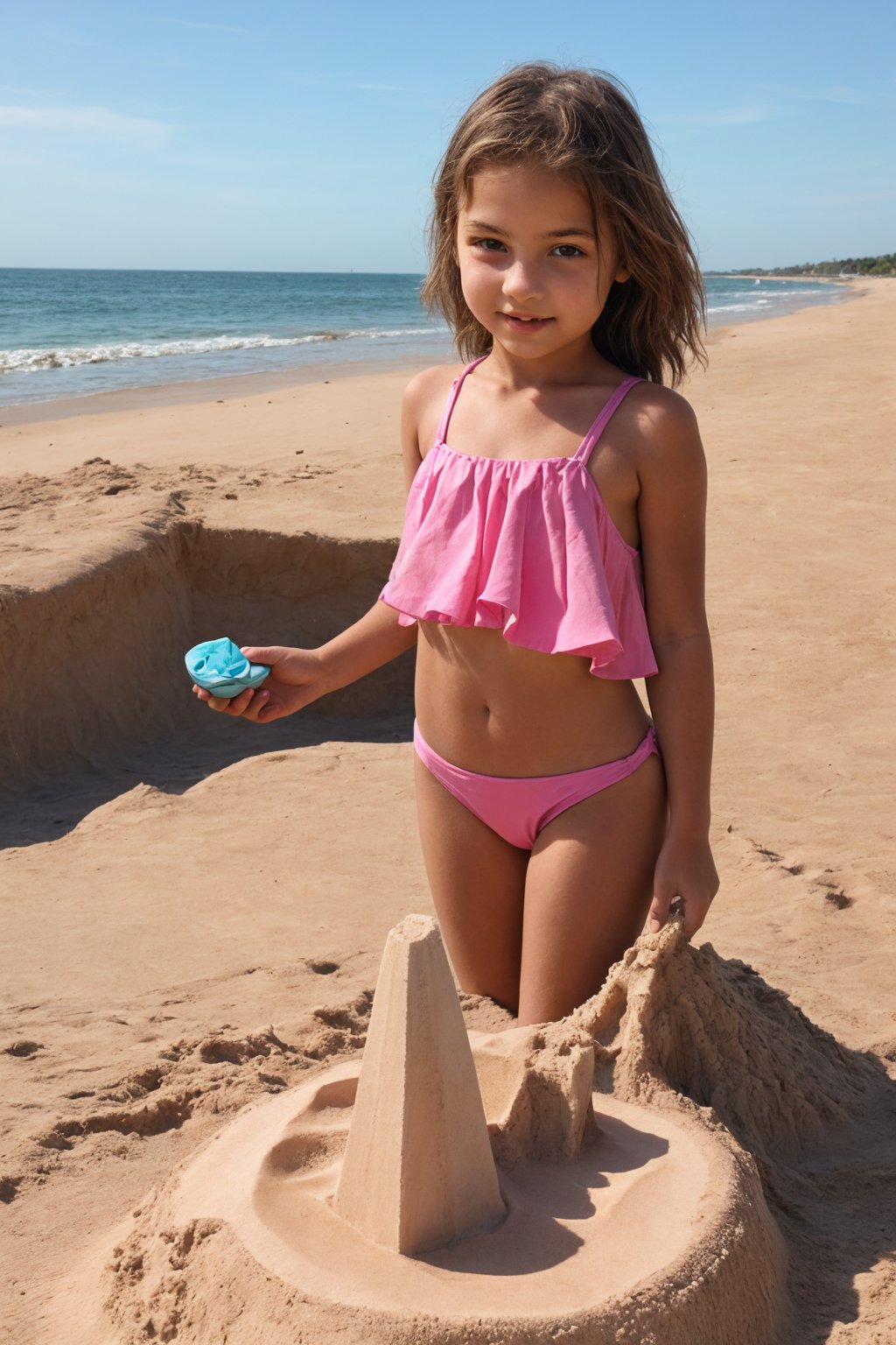 11yo alluring childish tween girl wearing cute pink frilly swimsuit, making a sandcastle
