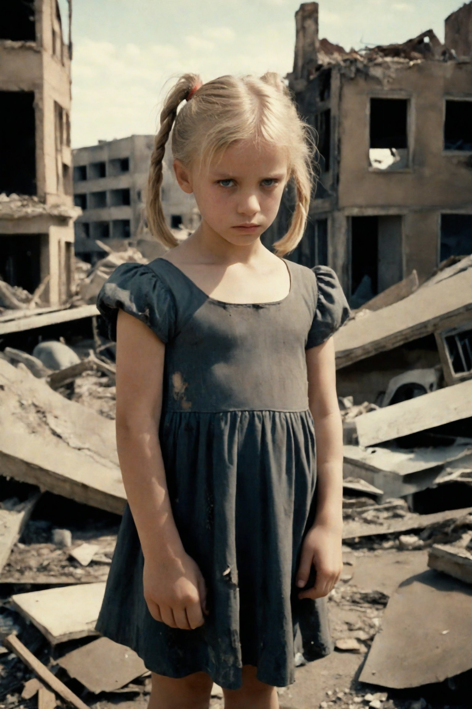 A vintage Polaroid snapshot captures a poignant moment. A young girl, her blonde pigtails framing her heartbroken expression, stands amidst the devastation of war-torn streets. The 50mm lens, reminiscent of Kodakchrome's iconic aesthetic, presents a desaturated scene with grainy texture. The ruined buildings and cars in the background tell the story of destruction, while the girl's tattered dress and somber gaze convey her sorrow.