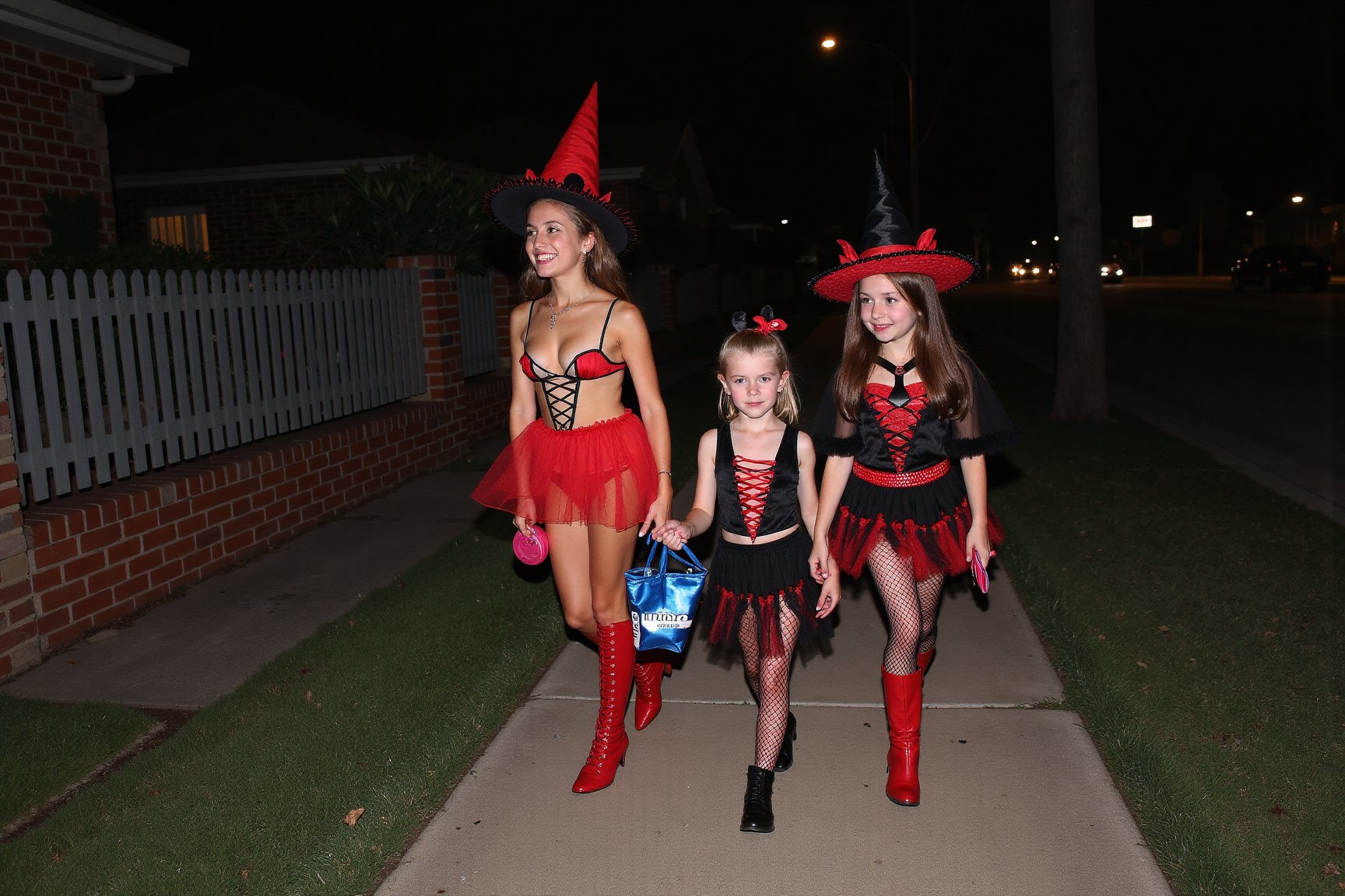 A gorgeous photo of a mother and her two  tween daughters, dressed in sexy Halloween costumes, holding a candy bag, walking on the footpath of a quiet suburban Australian street at night, trick or treaters, Halloween theme, smiling for the camera