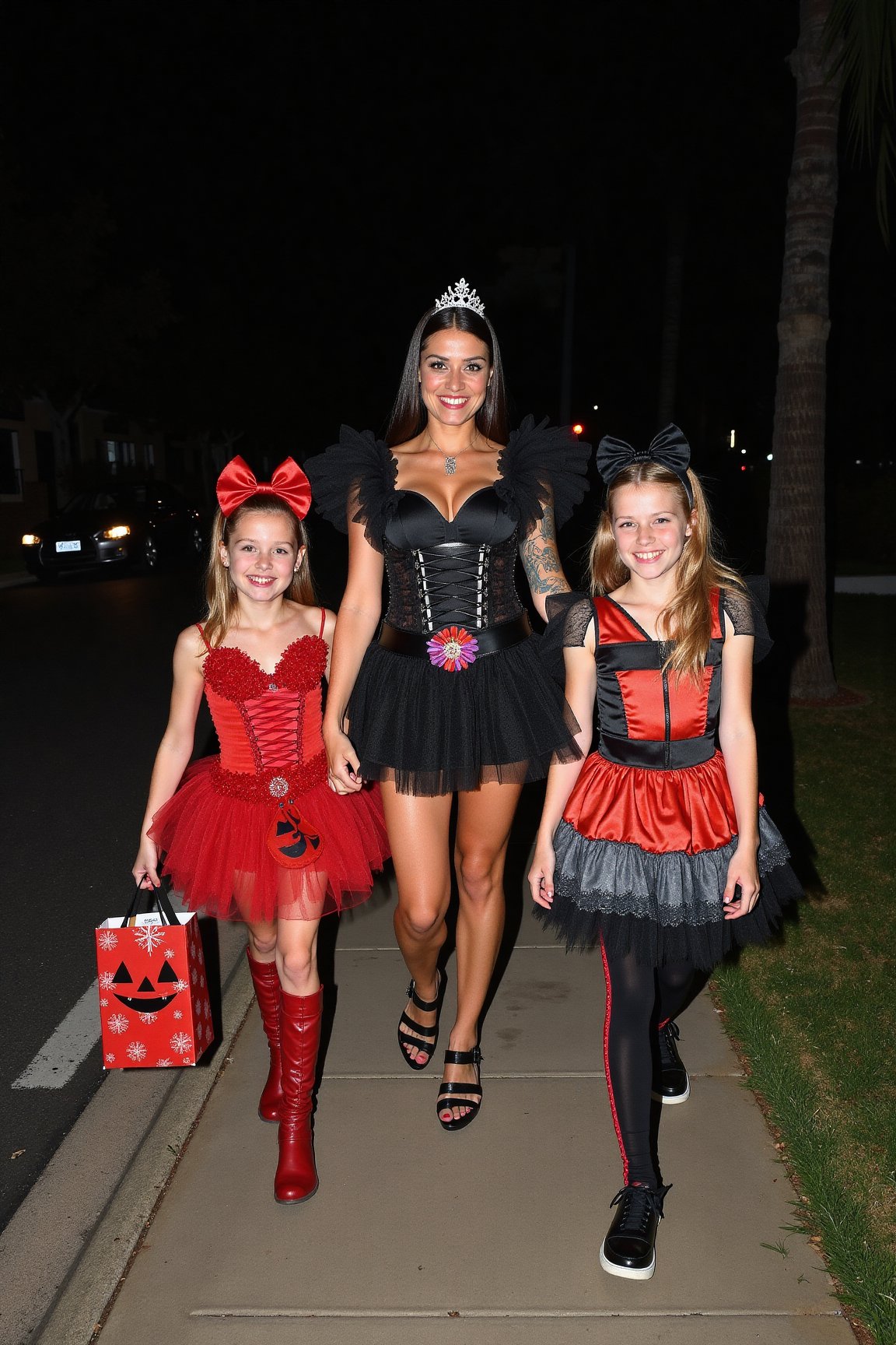 A gorgeous photo of a mother and her two  tween daughters, dressed in sexy Halloween costumes, holding a candy bag, walking on the footpath of a quiet suburban Australian street at night, trick or treaters, Halloween theme, smiling for the camera