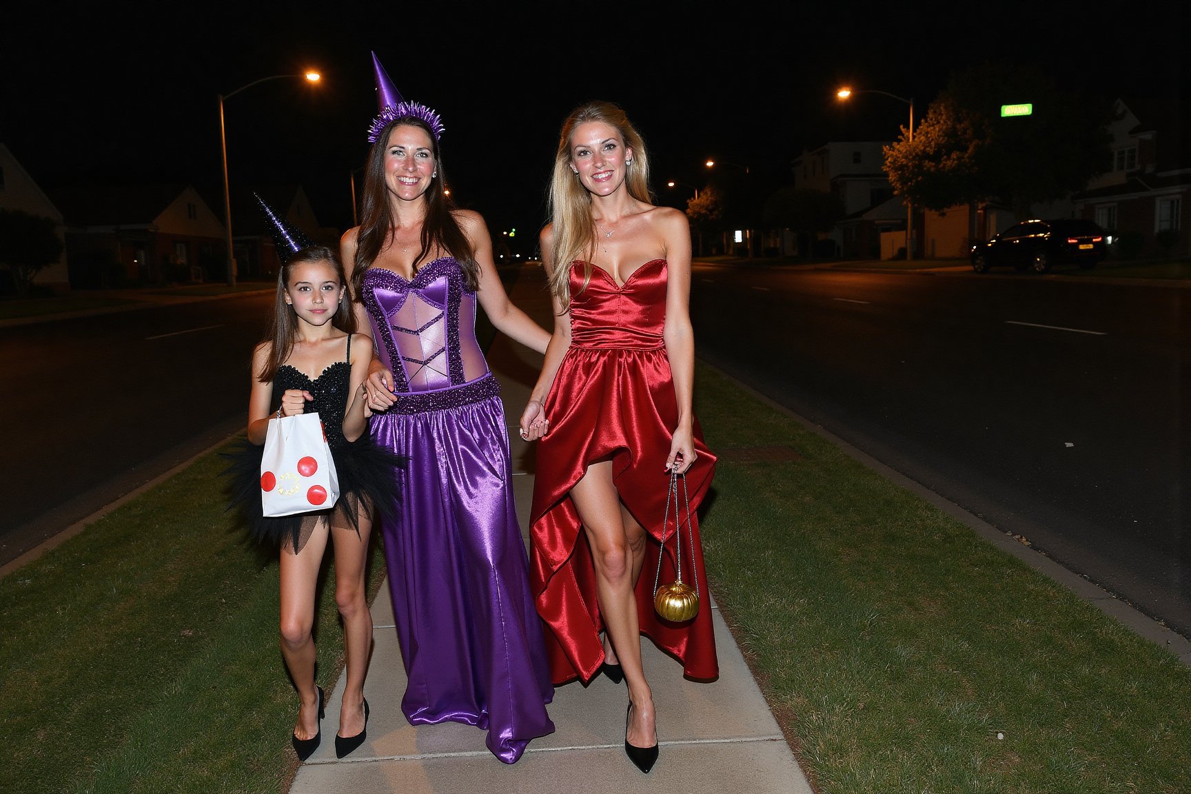 A gorgeous photo of a mother and her two  tween daughters, dressed in sexy Halloween costumes, holding a candy bag, walking on the footpath of a quiet suburban Australian street at night, trick or treaters, Halloween theme, smiling for the camera