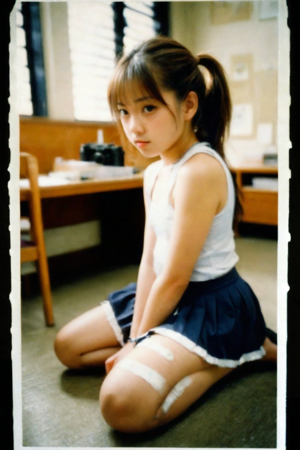 Nostalgic Polaroid snapshot of a 12 year old Japnese girl, medium length light brown hair in a loose ponytail,  kneeling on the floor of a bland school teacher's office. The camera captures her vulnerability as she kneels in a skimpy bra and school skirt, surrounded by the sterile atmosphere of the office. The grainy film texture and white border add to the intimate, candid feel of the moment. Taken from above, she looks up nervously at the camera, ready to do whatever the photographer asks of her