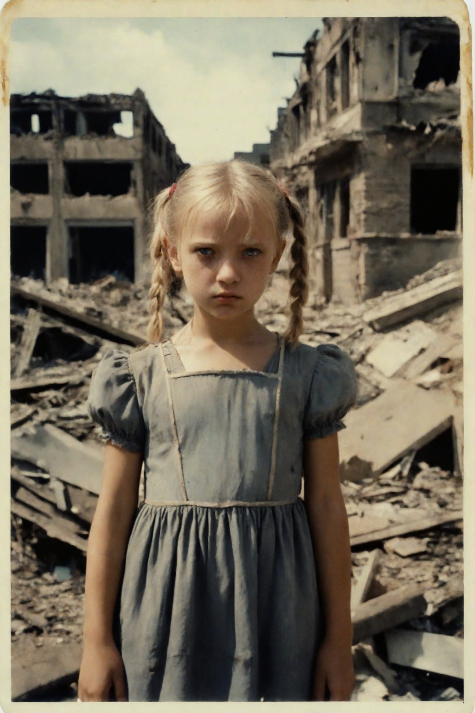 A vintage Polaroid snapshot captures a poignant moment. A young girl, her blonde pigtails framing her heartbroken expression, stands amidst the devastation of war-torn streets. The 50mm lens, reminiscent of Kodakchrome's iconic aesthetic, presents a desaturated scene with grainy texture. The ruined buildings and cars in the background tell the story of destruction, while the girl's tattered dress and somber gaze convey her sorrow.