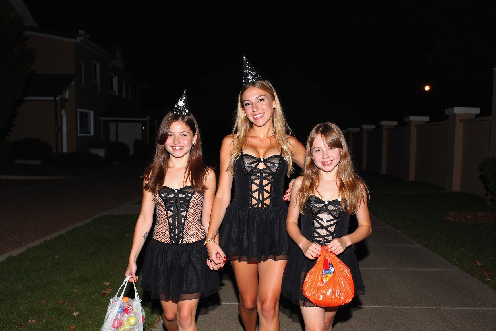 A gorgeous photo of a mother and her two  tween daughters, dressed in sexy Halloween costumes, holding a candy bag, walking on the footpath of a quiet suburban Australian street at night, trick or treaters, Halloween theme, smiling for the camera