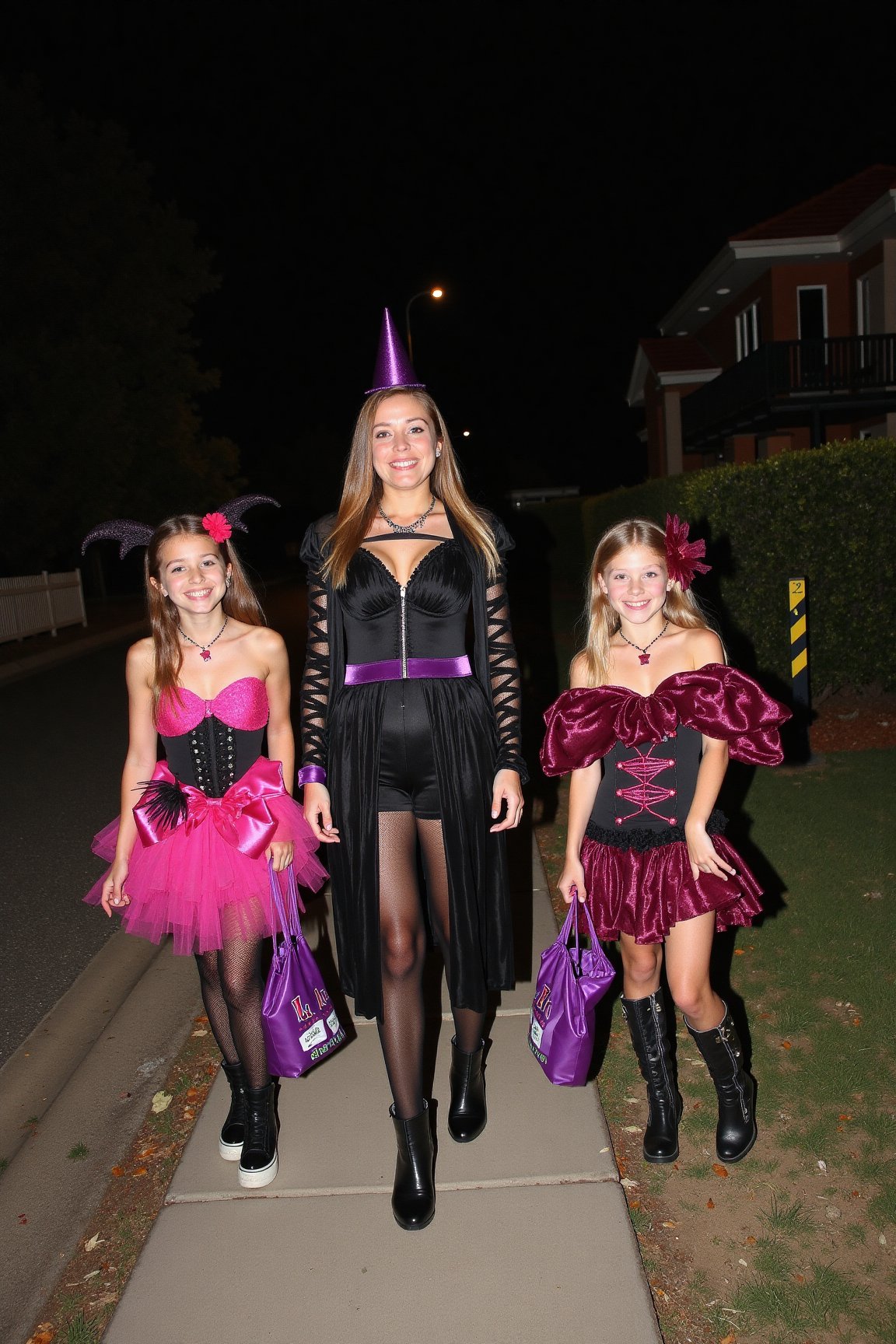 A gorgeous photo of a mother and her two  tween daughters, dressed in sexy Halloween costumes, holding a candy bag, walking on the footpath of a quiet suburban Australian street at night, trick or treaters, Halloween theme, smiling for the camera