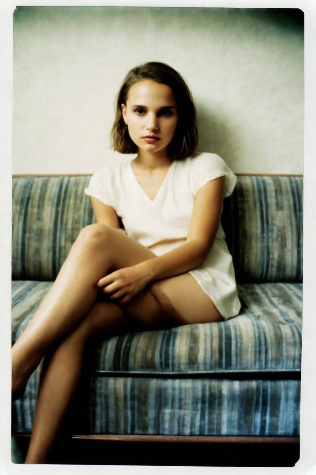 Nostalgic Polaroid snapshot of 12-year-old Natalie Portman, sporting a chic bob haircut, sitting on a sleekr office couch. The camera captures her vulnerability as she sits in her underwear, surrounded by the sterile atmosphere of the office. The grainy film texture and white border add to the intimate, candid feel of the moment.