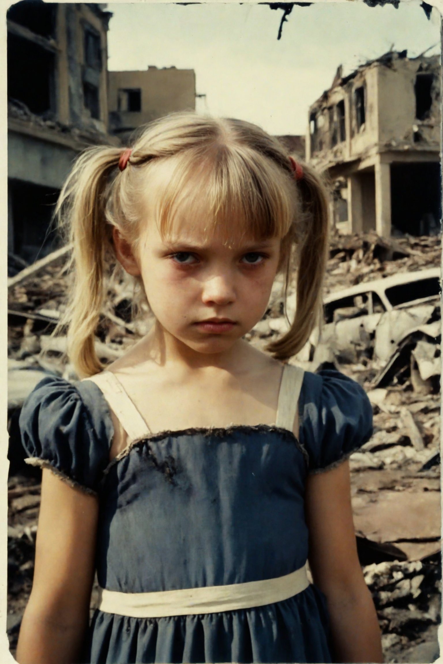 A vintage Polaroid snapshot captures a poignant moment. A young girl, her blonde pigtails framing her heartbroken expression, stands amidst the devastation of war-torn streets. The 50mm lens, reminiscent of Kodakchrome's iconic aesthetic, presents a desaturated scene with grainy texture. The ruined buildings and cars in the background tell the story of destruction, while the girl's tattered dress and somber gaze convey her sorrow.