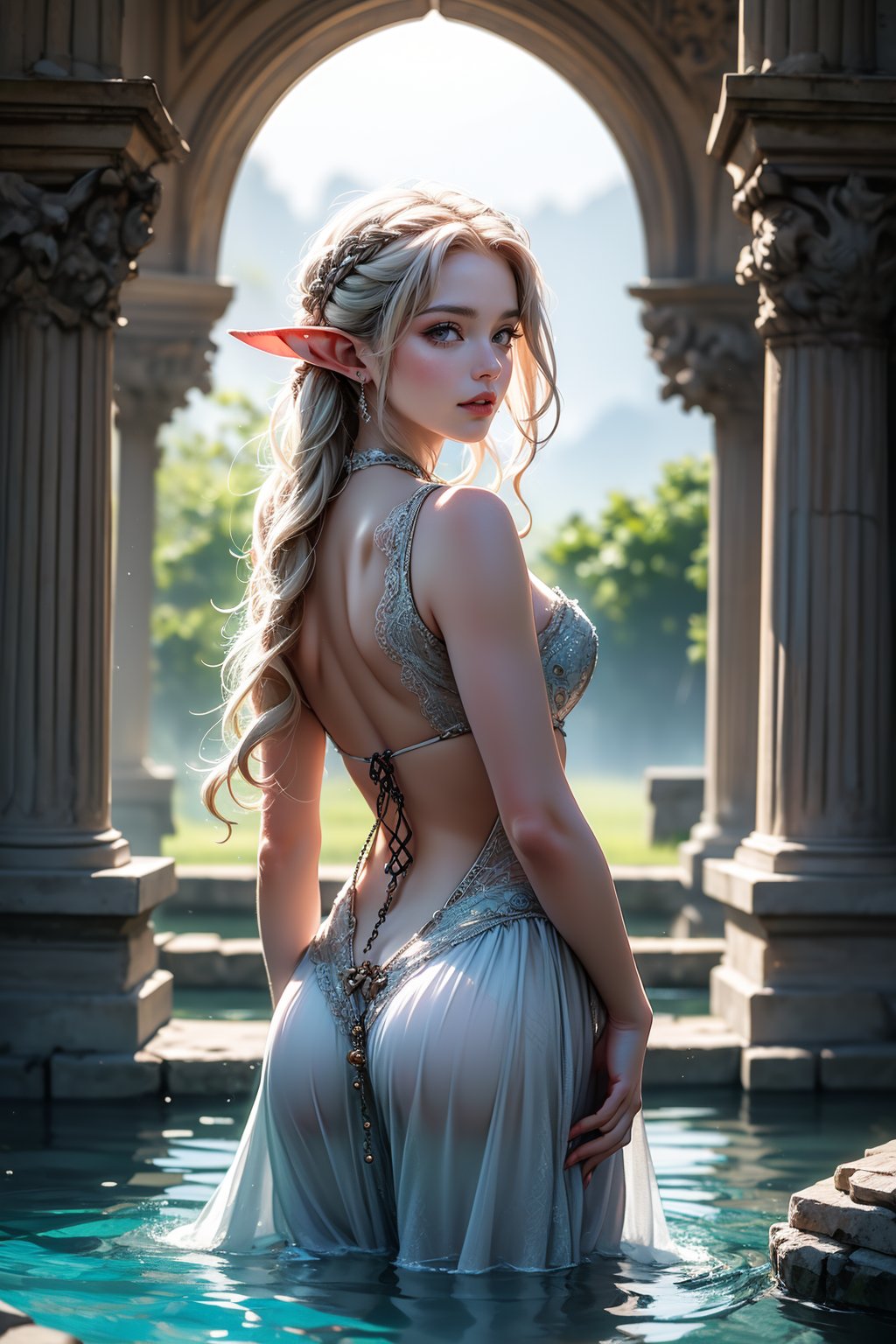 A young elf woman emerges from a crystal-clear pool, surrounded by ruins of ancient marble columns. Under the silvery glow of a full moon, her pointy ears and sparkling emerald eyes gleam. Long white hair cascades down her back like a river of moonlight. Pale skin glows in the pale light as she clings to the fragile transparent lace robe, her thin lips trembling with nervous anxiety. The broken columns, once proud and strong, now lay scattered around her, a testament to the fragility of beauty. Facing the camera as she emerges from the water