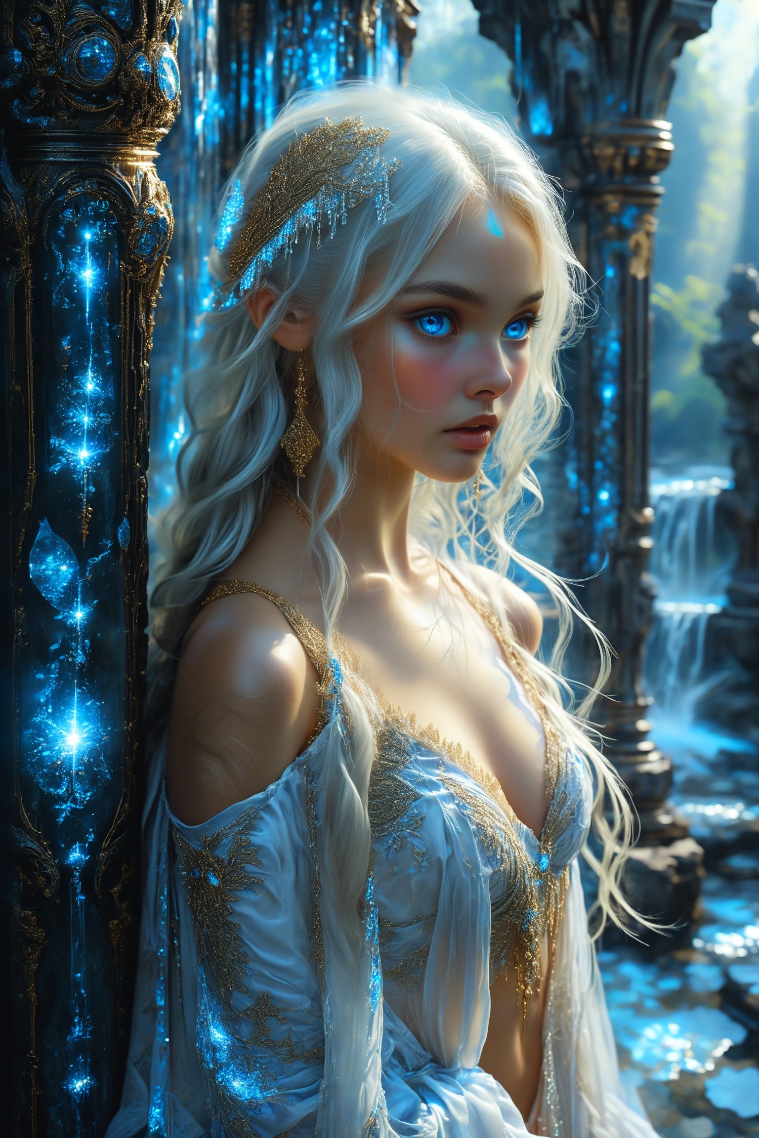 In a warm, golden-lit setting, a stunning elven girl with a beautiful crystal blue gaze, poses amdist ruined marble columns, wearing a flowing sheer white lace robe. Her long, straight white hair cascades down her back like a waterfall of silvery moonlight. The intricate textile she wears is decorated with vibrant geometric patterns that seem to dance across her body. Arm ornamentation and decorative gold and silver embroidery add an extra layer of elegance. She exudes a sense of sadness, as if lamenting the falll of her kind. Her eyes, like two shimmering emeralds, sparkle with sadness and melancholia, giving us a glimpse into her lonely personality. The scene is set against a full moonlit midnigt backdrop reminiscent of the natural world she inhabits.