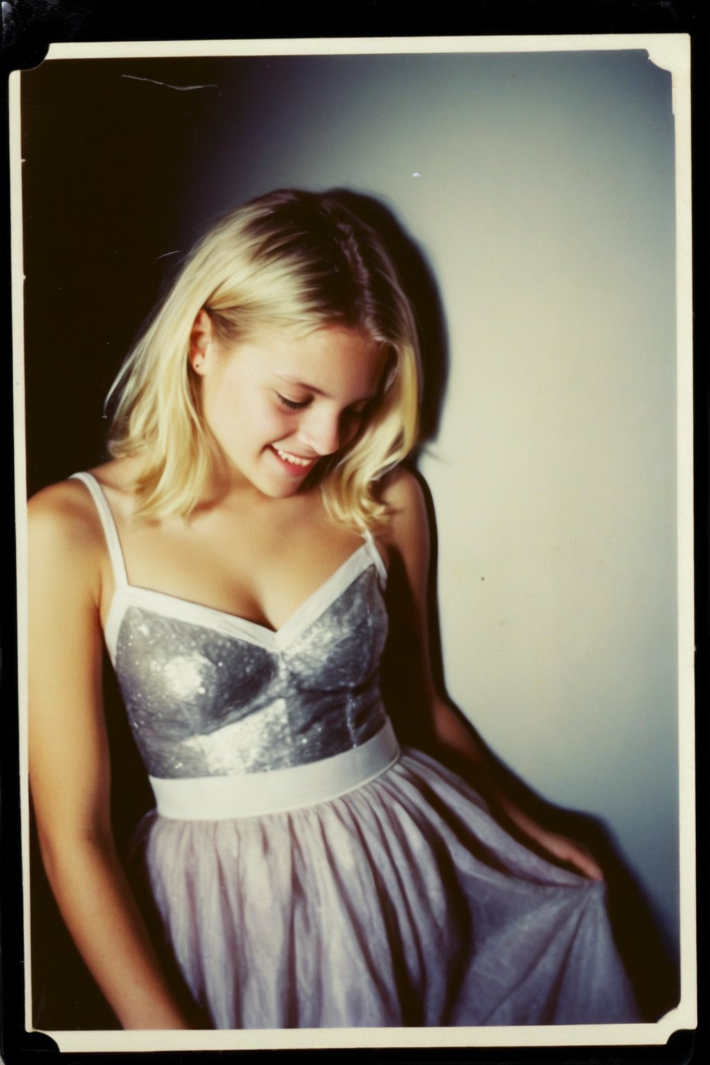 A nostalgic Polaroid photograph captures a candid moment of a beautiful blonde teenage girl, her prom dress shimmering under the soft, grainy film texture. The white border surrounds the image like a warm embrace. In the dimly lit loungeroom, she's dancing with reckless abandon, her bleary eyes and intoxication evident in her sloppy grin. Onlookers gather around, mesmerized by her carefree joy, as the clock strikes midnight, marking a night that will be forever etched in their memories.