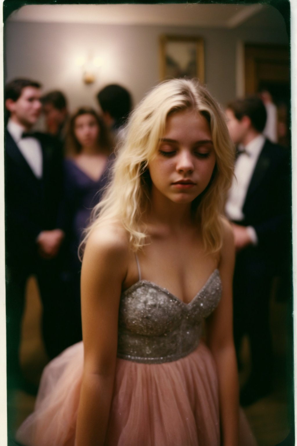 A nostalgic Polaroid photograph captures a candid moment of a stunning blonde teenager, dressed in a flowing prom gown, swaying drunkenly to an unheard melody in her family's loungeroom. The white border and grainy film texture evoke a sense of analog nostalgia. The camera zooms in for a close-up full-body shot, showcasing the girl's bleary-eyed expression as she loses herself in the music. Onlookers, blurred in the background, seem mesmerized by her carefree abandon under the dim lighting of midnight.