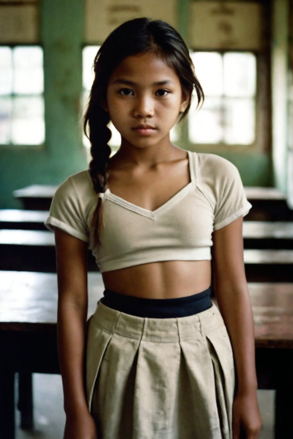 Nostalgic Polaroid snapshot of a 12 year old Cambodian girl, medium length light brown hair in a loose ponytail,  Posing in a school classroom, after class, empty classroom. The camera captures her vulnerability as she poses in a skimpy bra and school skirt, surrounded by the sterile atmosphere of the office. The grainy film texture and white border add to the intimate, candid feel of the moment. Taken from above, she looks up nervously at the camera, ready to do whatever the photographer asks of her