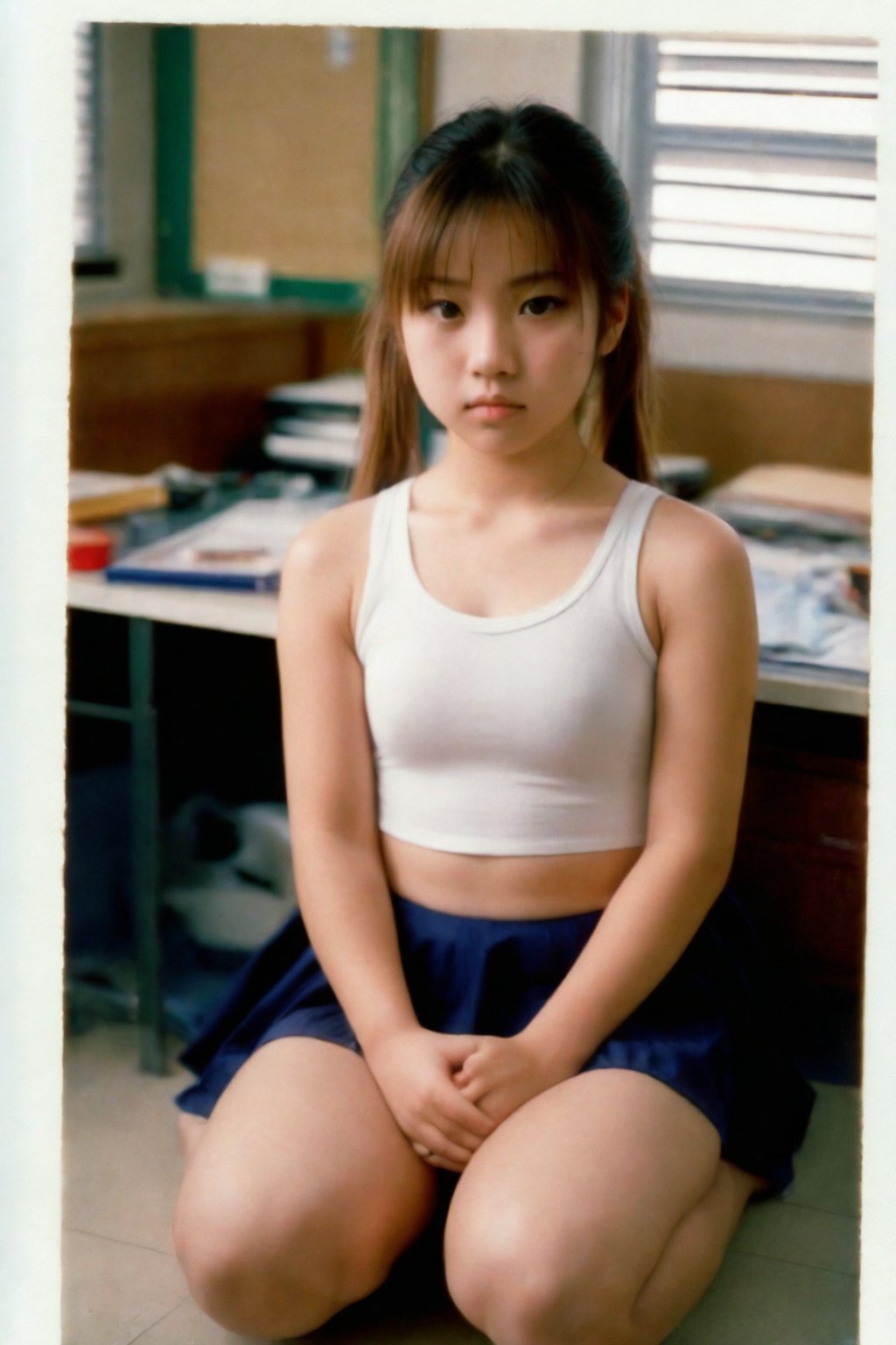 Nostalgic Polaroid snapshot of a 12 year old Japnese girl, medium length light brown hair in a loose ponytail,  kneeling on the floor of a bland school teacher's office. The camera captures her vulnerability as she kneels in a skimpy bra and school skirt, surrounded by the sterile atmosphere of the office. The grainy film texture and white border add to the intimate, candid feel of the moment. Taken from above, she looks up nervously at the camera, ready to do whatever the photographer asks of her