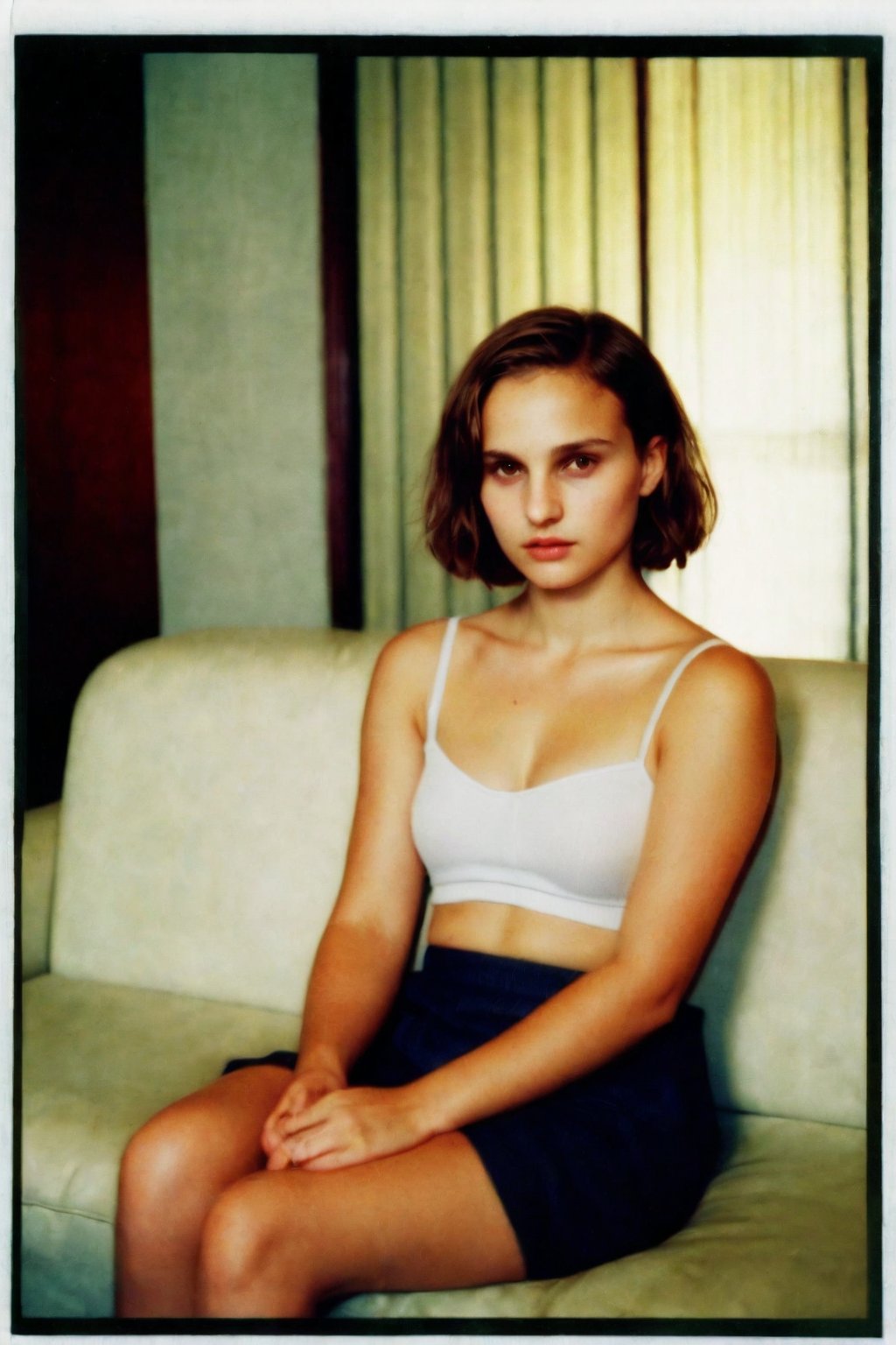 Nostalgic Polaroid snapshot of 12-year-old Natalie Portman, sporting a chic bob haircut, sitting on a sleekr office couch. The camera captures her vulnerability as she sits in her underwear, surrounded by the sterile atmosphere of the office. The grainy film texture and white border add to the intimate, candid feel of the moment.