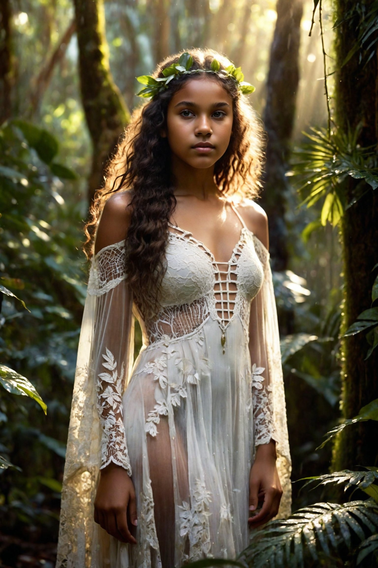 A breathtakingly realistic depiction of a stunning 13 year old Indigenous Australian-European fusion beauty posing amidst an Australian rainforest's lush foliage. Soft sunlight filters through towering trees, casting dappled shadows as crepuscular lighting bathes the scene in warm, golden hues. Her curly dark locks cascade down her back like nightfall itself, while her captivating dark eyes sparkle with a hint of mischief. Her flimsy intricately detailed white lace dress clings to her body, showing exactly what lies beneath, delicate and ethereal, as if kissed by the misty rain that veils her skin.