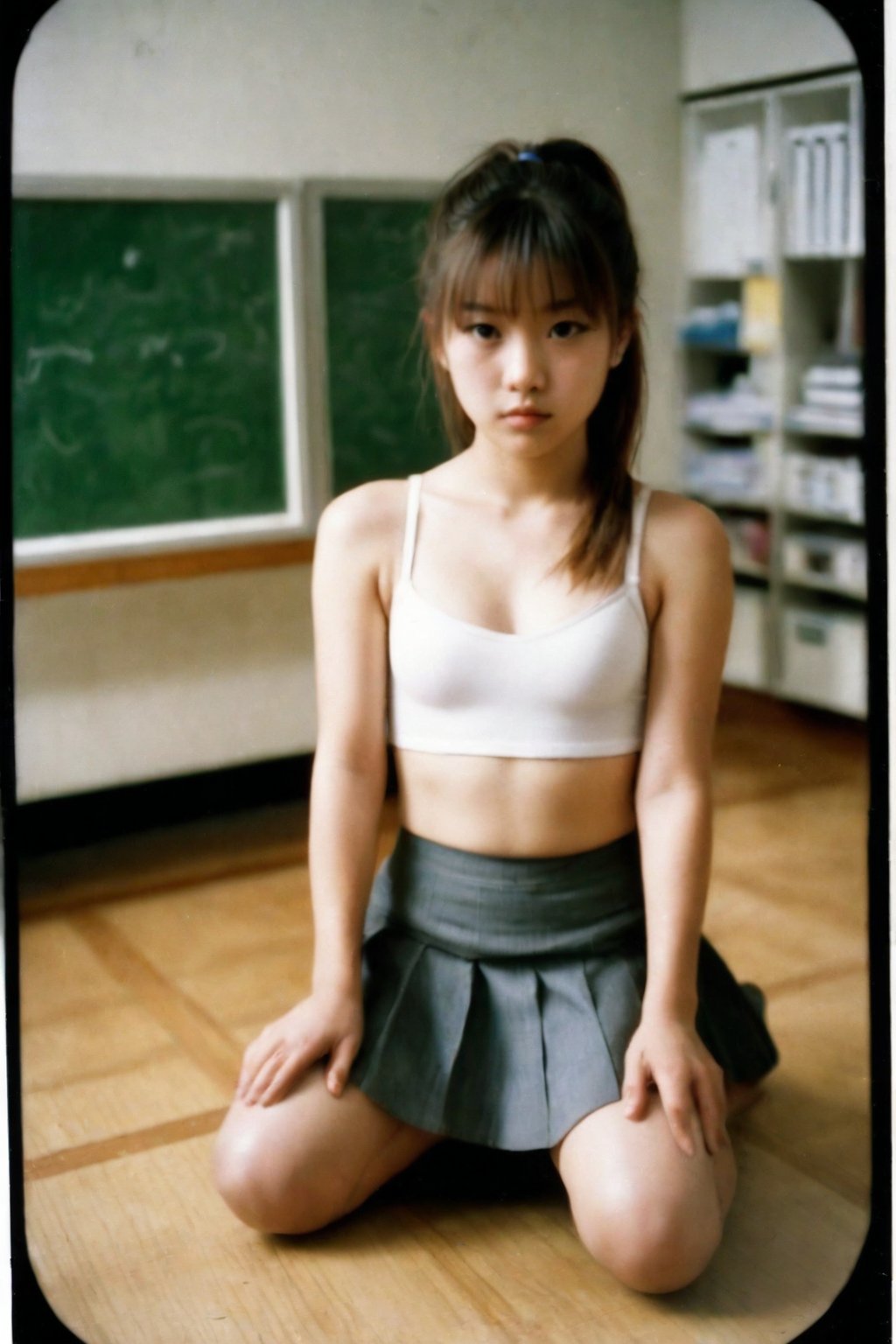 Nostalgic Polaroid snapshot of a 12 year old Japnese girl, medium length light brown hair in a loose ponytail,  kneeling on the floor of a bland school teacher's office. The camera captures her vulnerability as she kneels in a skimpy bra and school skirt, surrounded by the sterile atmosphere of the office. The grainy film texture and white border add to the intimate, candid feel of the moment. Taken from above, she looks up nervously at the camera, ready to do whatever the photographer asks of her