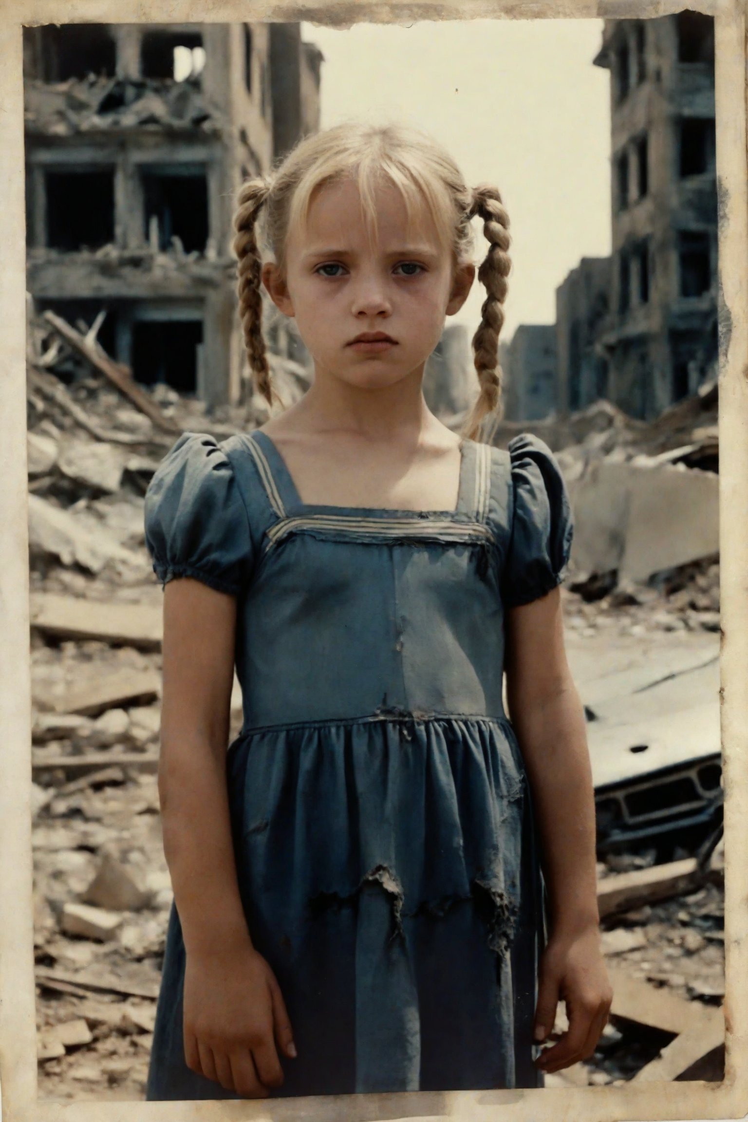 A vintage Polaroid snapshot captures a poignant moment. A young girl, her blonde pigtails framing her heartbroken expression, stands amidst the devastation of war-torn streets. The 50mm lens, reminiscent of Kodakchrome's iconic aesthetic, presents a desaturated scene with grainy texture. The ruined buildings and cars in the background tell the story of destruction, while the girl's tattered dress and somber gaze convey her sorrow.