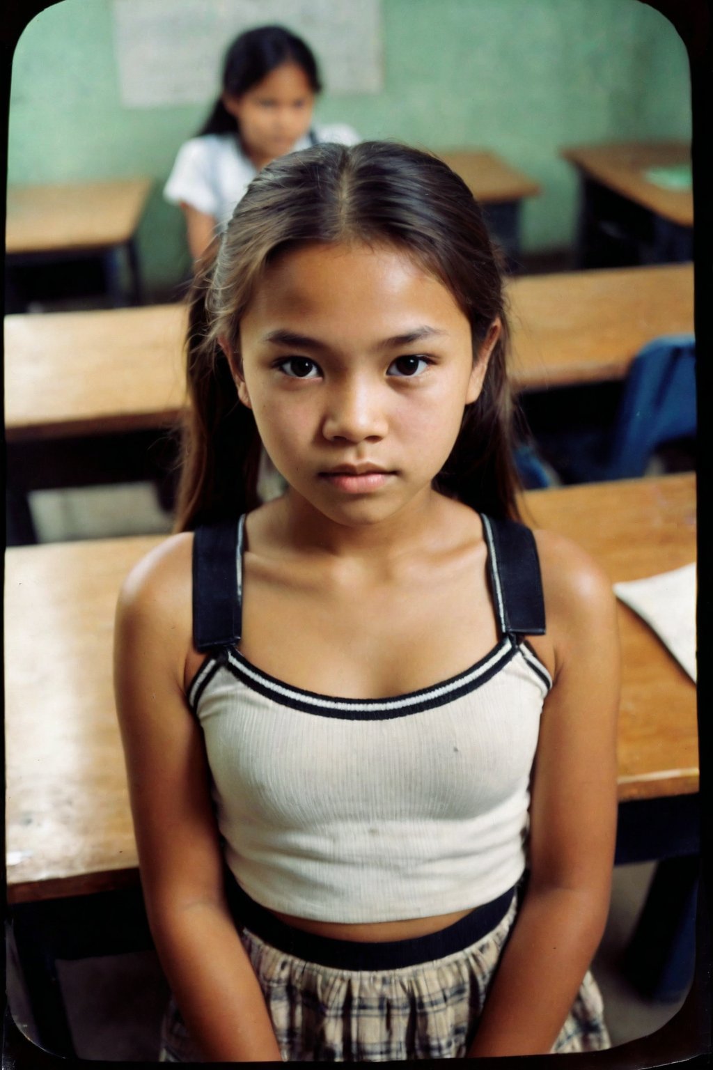 Nostalgic Polaroid snapshot of a 12 year old Cambodian girl, medium length light brown hair in a loose ponytail,  Posing in a school classroom, after class, empty classroom. The camera captures her vulnerability as she poses in a skimpy bra and school skirt, surrounded by the sterile atmosphere of the office. The grainy film texture and white border add to the intimate, candid feel of the moment. Taken from above, she looks up nervously at the camera, ready to do whatever the photographer asks of her