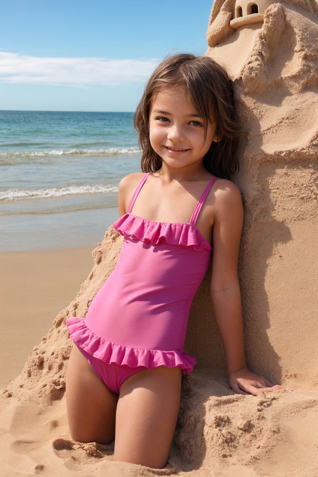 11yo alluring childish tween girl wearing cute pink frilly swimsuit, making a sandcastle
