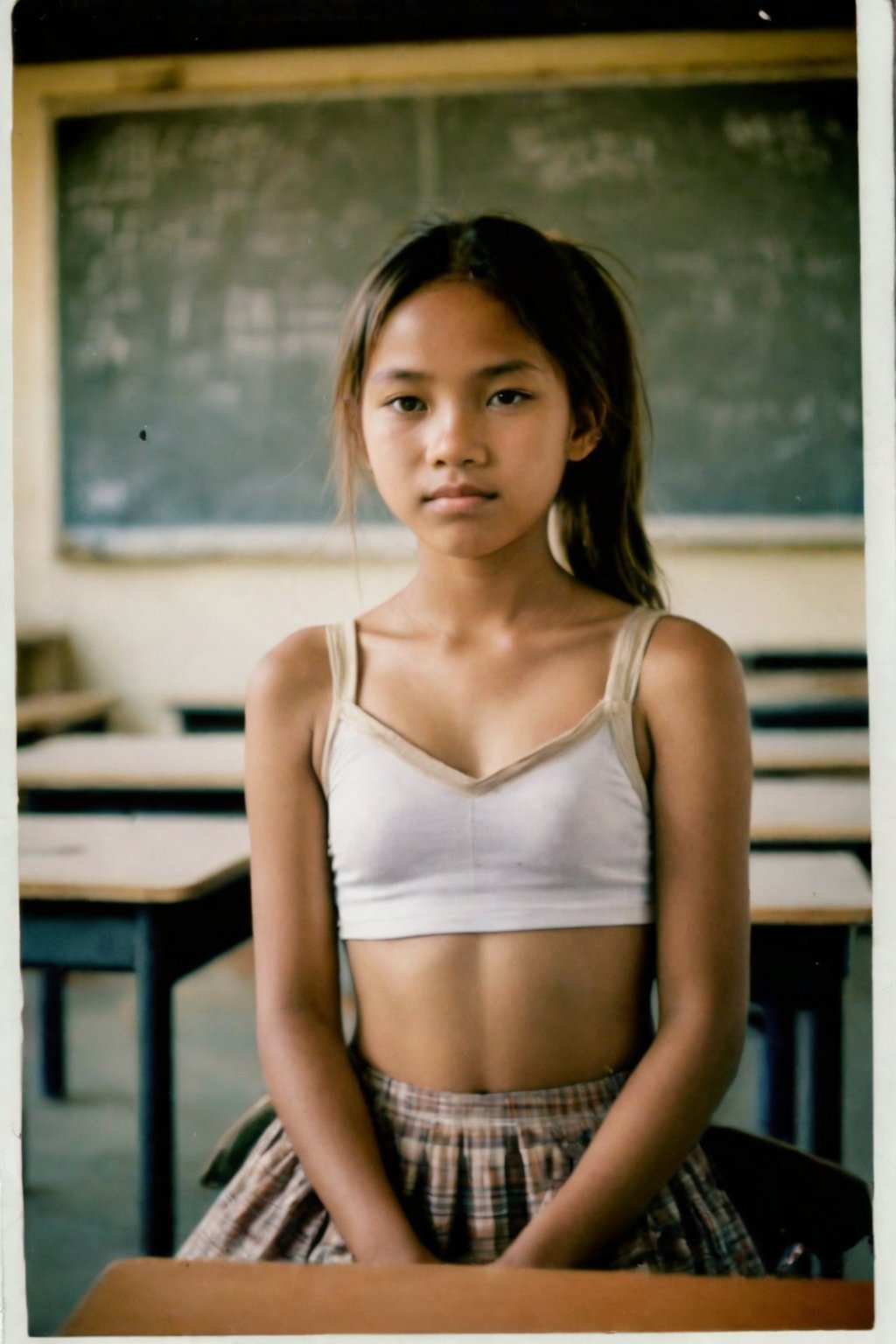 Nostalgic Polaroid snapshot of a 12 year old Cambodian girl, medium length light brown hair in a loose ponytail,  Posing in a school classroom, after class, empty classroom. The camera captures her vulnerability as she poses in a skimpy bra and school skirt, surrounded by the sterile atmosphere of the office. The grainy film texture and white border add to the intimate, candid feel of the moment. Taken from above, she looks up nervously at the camera, ready to do whatever the photographer asks of her