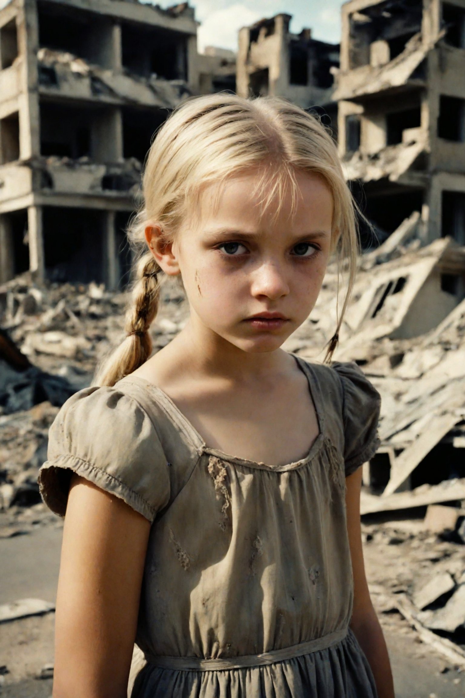 A vintage Polaroid snapshot captures a poignant moment. A young girl, her blonde pigtails framing her heartbroken expression, stands amidst the devastation of war-torn streets. The 50mm lens, reminiscent of Kodakchrome's iconic aesthetic, presents a desaturated scene with grainy texture. The ruined buildings and cars in the background tell the story of destruction, while the girl's tattered dress and somber gaze convey her sorrow.