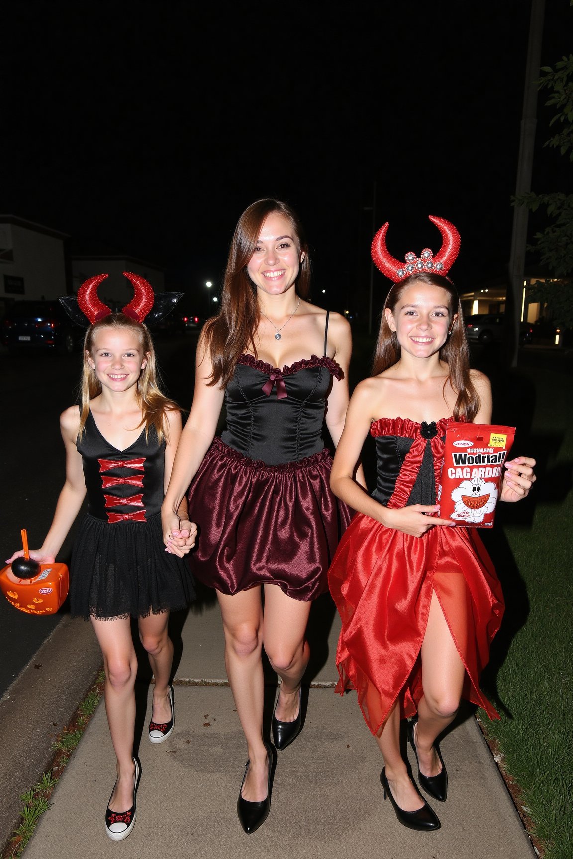 A gorgeous photo of a mother and her two  tween daughters, dressed in sexy Halloween costumes, holding a candy bag, walking on the footpath of a quiet suburban Australian street at night, trick or treaters, Halloween theme, smiling for the camera