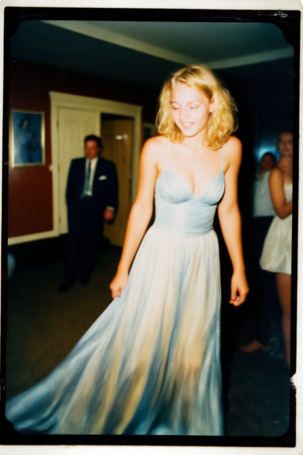 A nostalgic Polaroid photograph captures a candid moment of a stunning blonde teenager, dressed in a flowing prom gown, swaying drunkenly to an unheard melody in her family's loungeroom. The white border and grainy film texture evoke a sense of analog nostalgia. The camera zooms in for a close-up full-body shot, showcasing the girl's bleary-eyed expression as she loses herself in the music. Onlookers, blurred in the background, seem mesmerized by her carefree abandon under the dim lighting of midnight.