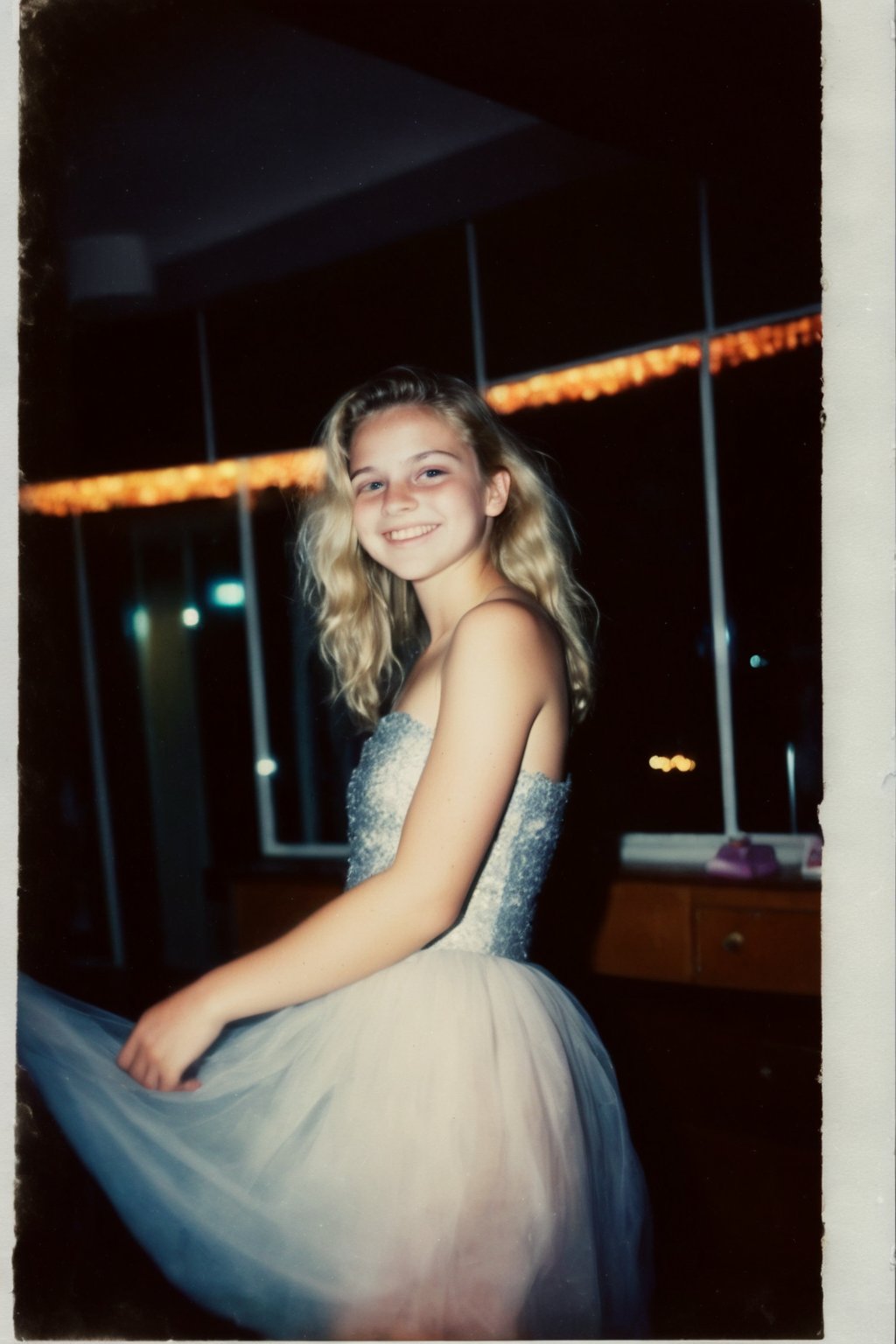 A nostalgic Polaroid photograph captures a candid moment of a beautiful blonde teenage girl, her prom dress shimmering under the soft, grainy film texture. The white border surrounds the image like a warm embrace. In the dimly lit loungeroom, she's dancing with reckless abandon, her bleary eyes and intoxication evident in her sloppy grin. Onlookers gather around, mesmerized by her carefree joy, as the clock strikes midnight, marking a night that will be forever etched in their memories.