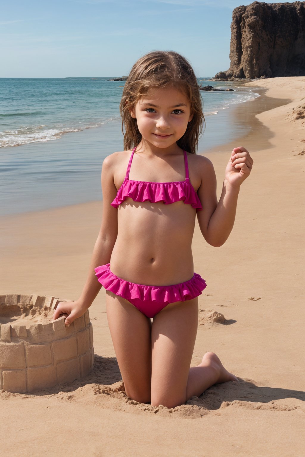 11yo alluring childish tween girl wearing cute pink frilly swimsuit, making a sandcastle
