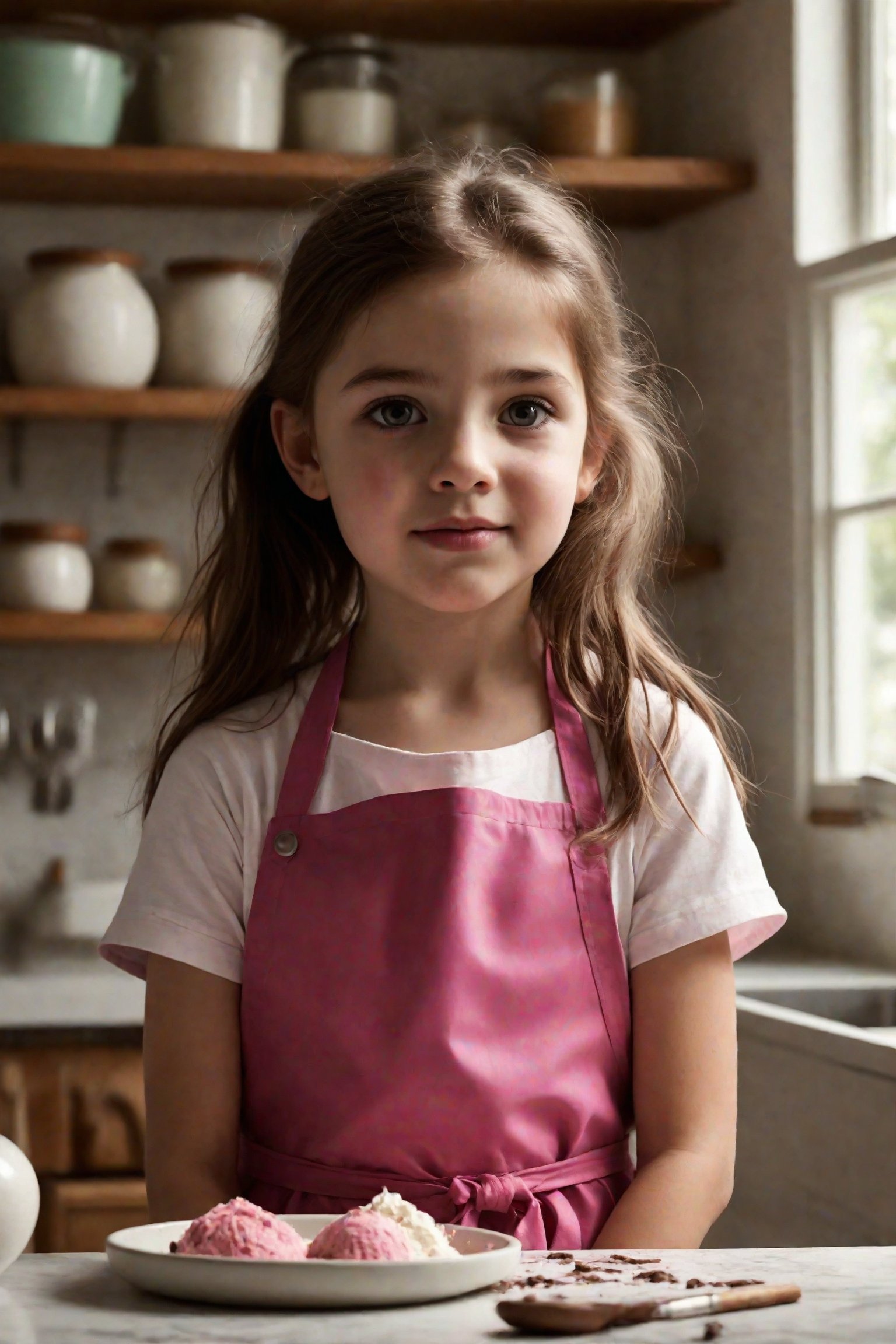 Photorealistic depiction of a young girl, approximately 10 years old, standing at a home kitchen counter. She wears a bright pink and white apron, as she carefully decorates a cake. Her face is smudged with chocolate, adding to her adorable expression. Concentration etched on her beautiful eyes, her cute tongue poking out between her lips pursed in concentration. Framed by the warm glow of kitchen lighting, with the subtle texture of kitchen countertops and wooden utensils adding depth.