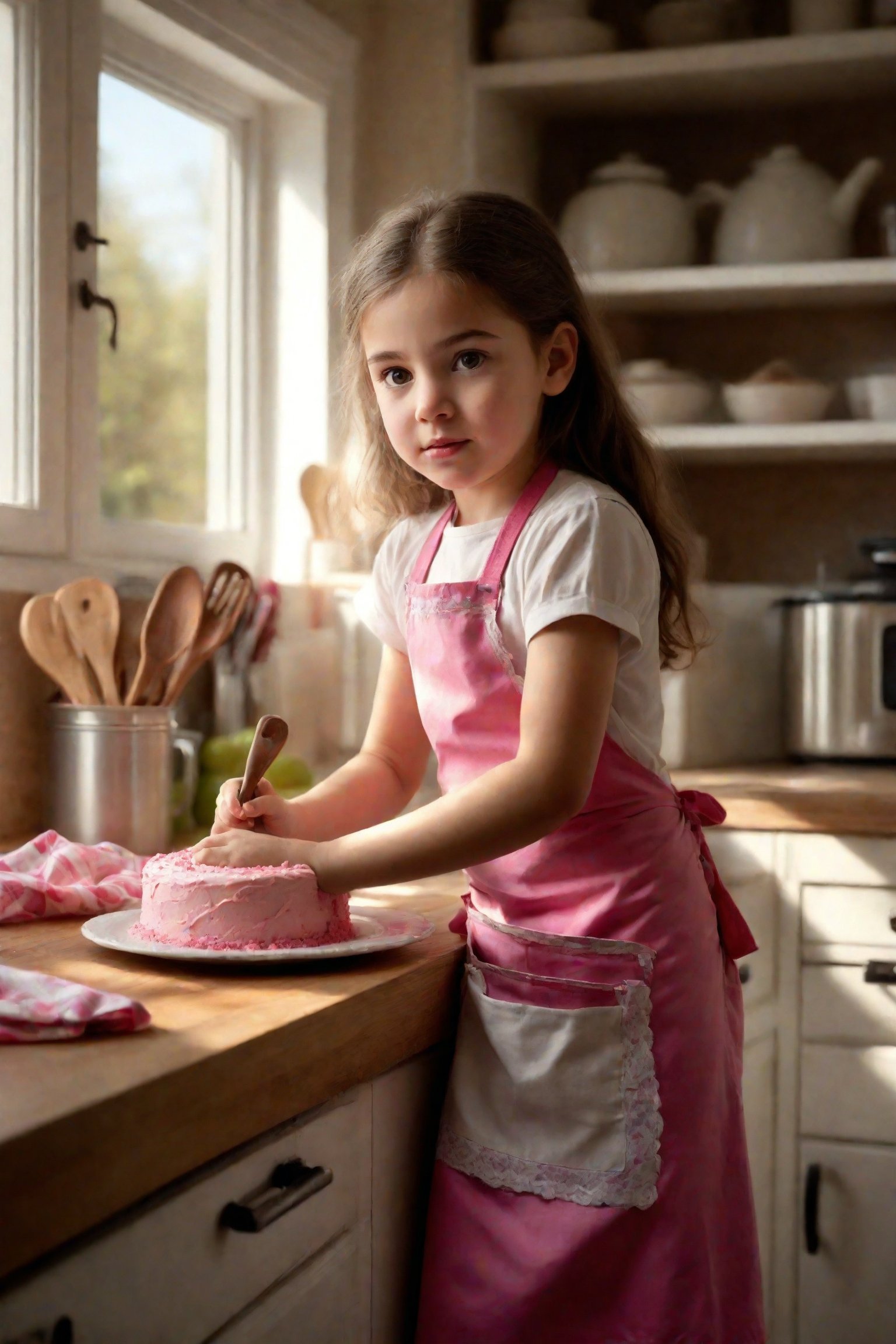 Photorealistic depiction of a young girl, approximately 10 years old, standing at a home kitchen counter. She wears a bright pink and white apron, as she carefully decorates a cake. Her face is smudged with chocolate, adding to her adorable expression. Concentration etched on her beautiful eyes, her cute tongue poking out between her lips pursed in concentration. Framed by the warm glow of kitchen lighting, with the subtle texture of kitchen countertops and wooden utensils adding depth.