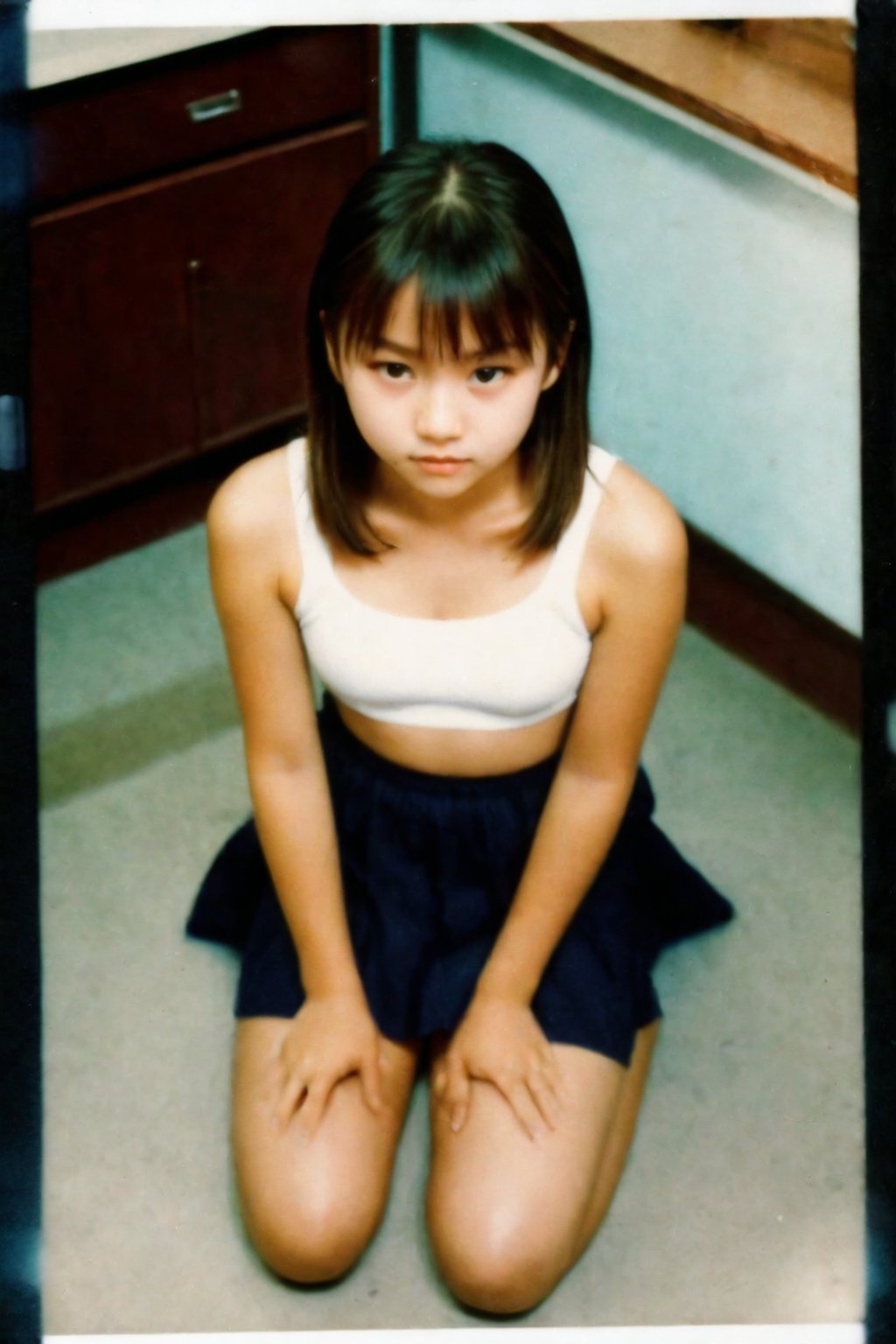 Nostalgic Polaroid snapshot of a 12 year old Japnese girl, medium length light brown hair in a loose ponytail,  kneeling on the floor of a bland school teacher's office. The camera captures her vulnerability as she kneels in a skimpy bra and school skirt, surrounded by the sterile atmosphere of the office. The grainy film texture and white border add to the intimate, candid feel of the moment. Taken from above, she looks up nervously at the camera, ready to do whatever the photographer asks of her