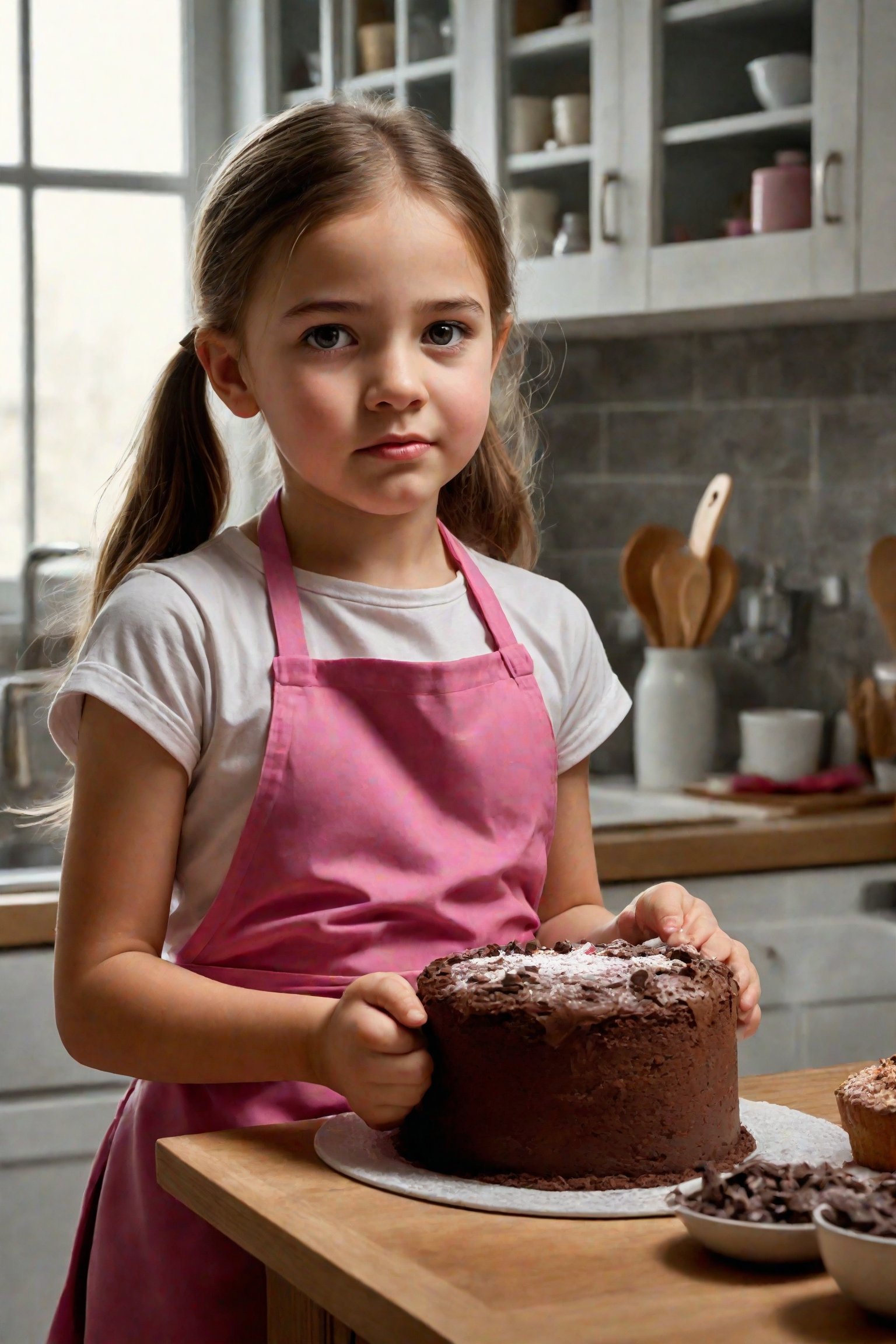 Photorealistic depiction of a young girl, approximately 10 years old, standing at a home kitchen counter. She wears a bright pink and white apron, as she carefully decorates a cake. Her face is smudged with chocolate, adding to her adorable expression. Concentration etched on her beautiful eyes, her cute tongue poking out between her lips pursed in concentration. Framed by the warm glow of kitchen lighting, with the subtle texture of kitchen countertops and wooden utensils adding depth.