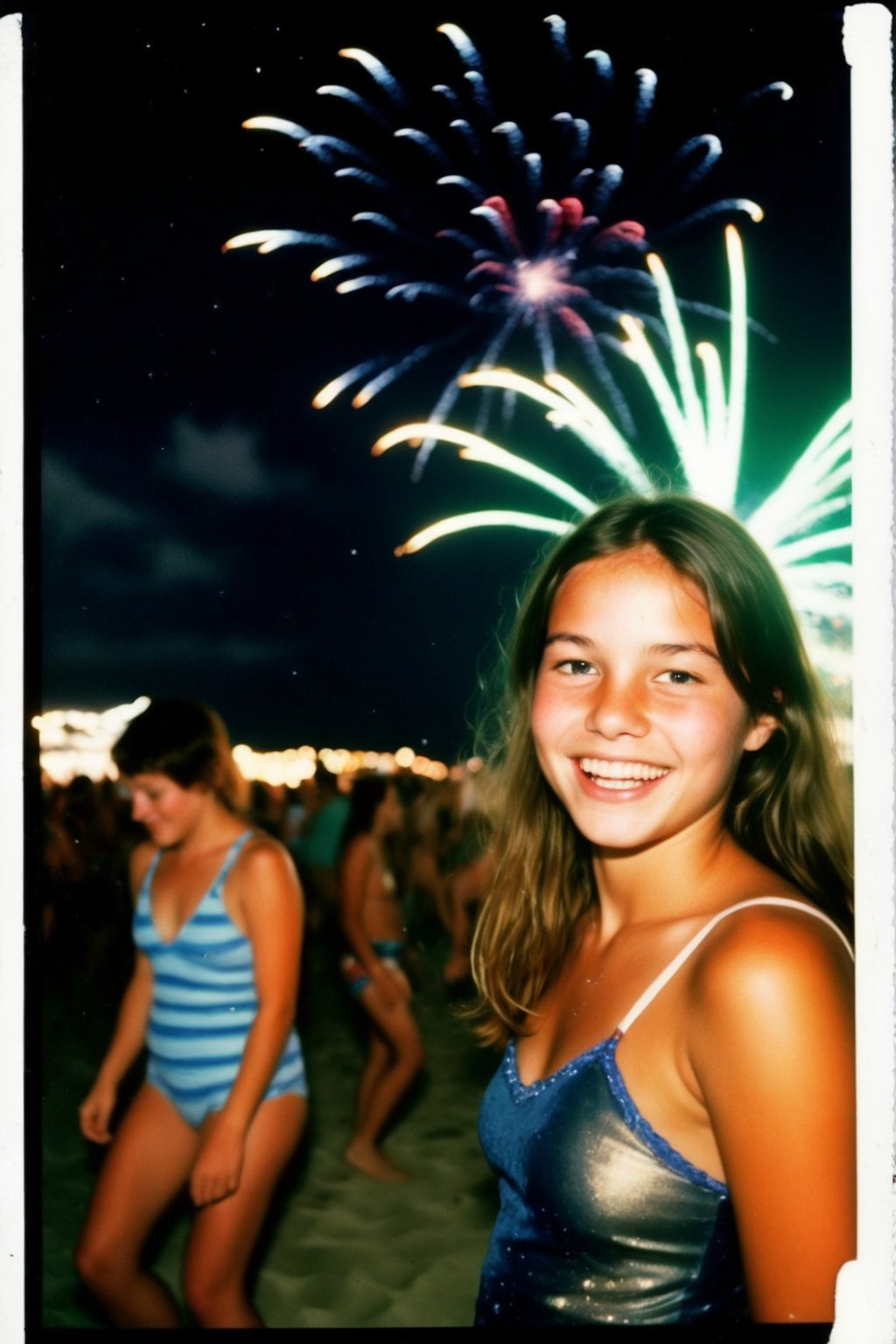 A nostalgic Polaroid photograph captures the carefree essence of a 1970's beach party. Gorgeous teenage girls, donning a bikini, radiates joy as she dances on the sandy shore under the starry midnight sky. Fireworks illuminate the darkness, casting a colorful glow on her bleary-eyed, intoxicated face. White border and grainy film texture evoke the analog photography of yesteryear. Onlookers gather around her, mesmerized by the infectious energy of this tipsy teenager, lost in the moment.