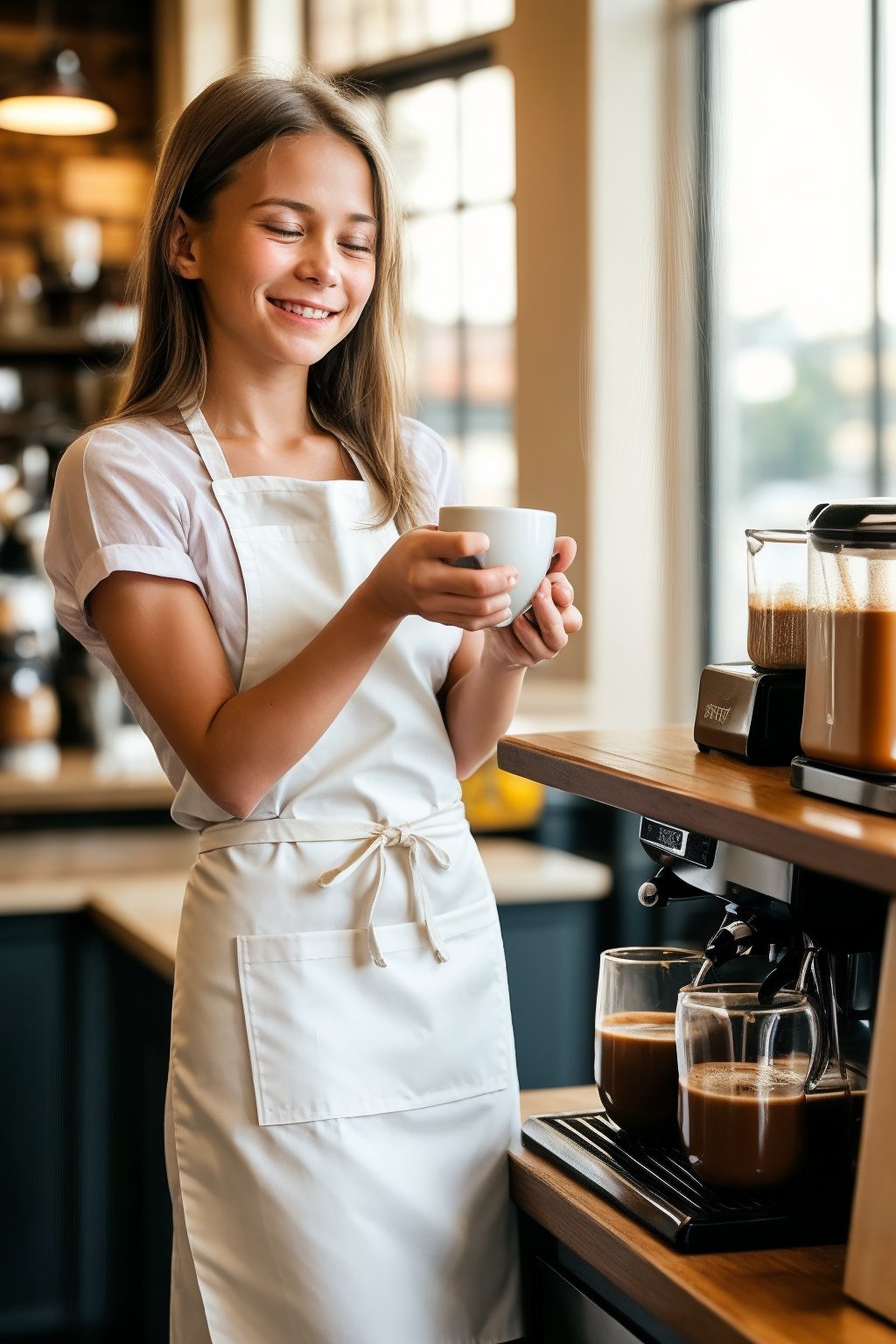 A weary yet radiant 13-year-old barista, caramel-toned skin glowing warmly under the soft lighting of the bustling café. She has luscious, straight chocolate hair with caramel highlights. Tired eyes, though, betray a hint of exhaustion as she expertly crafts coffee drinks. A bright, inviting smile illuminates her face, tempered by subtle lines of fatigue. She wears a crisp white apron, its simplicity belied by the warmth and energy she exudes, pouring her heart into every cup with an eager yet weary gaze.