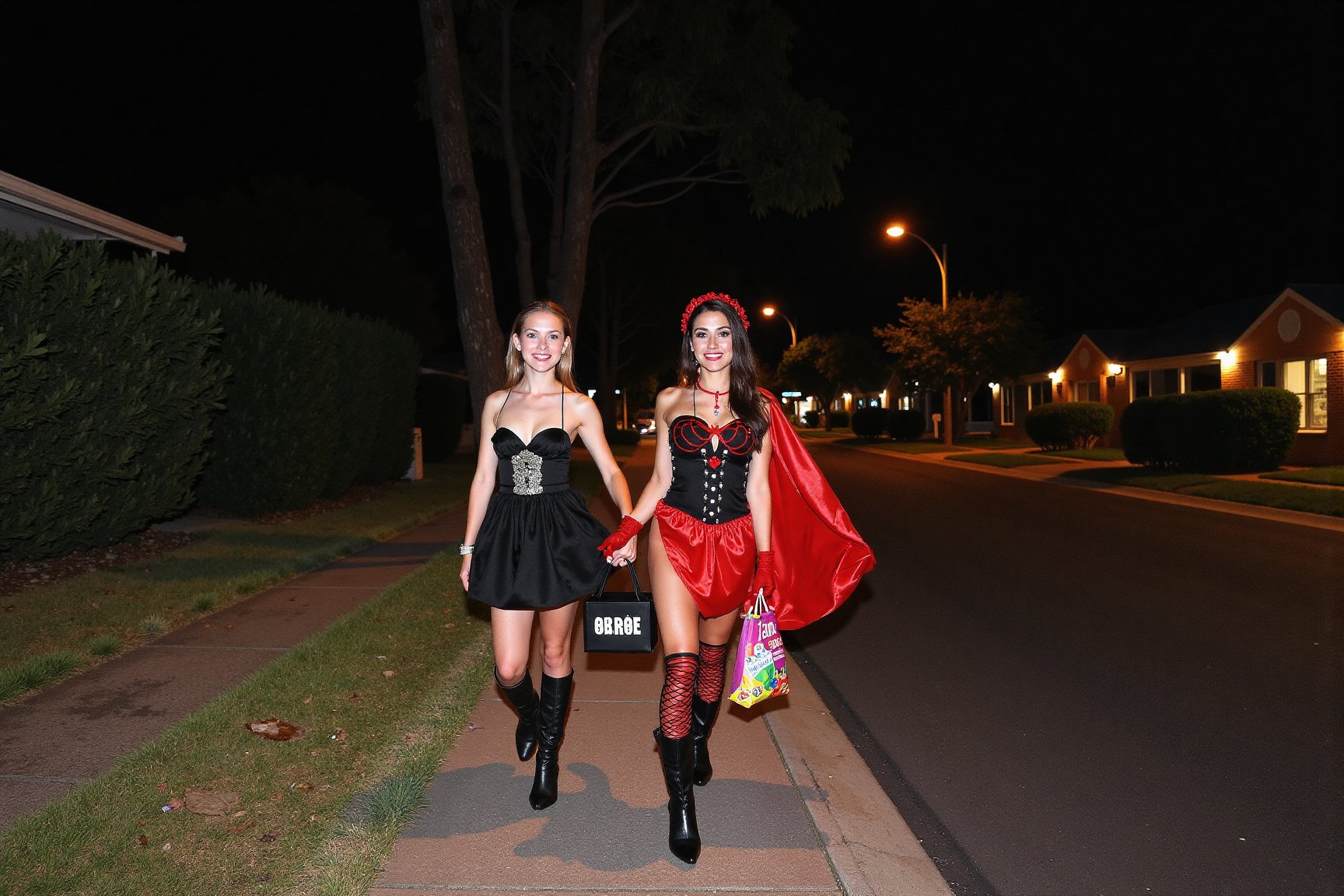 A gorgeous photo of a mother and her two  tween daughters, dressed in sexy Halloween costumes, holding a candy bag, walking on the footpath of a quiet suburban Australian street at night, trick or treaters, Halloween theme, smiling for the camera