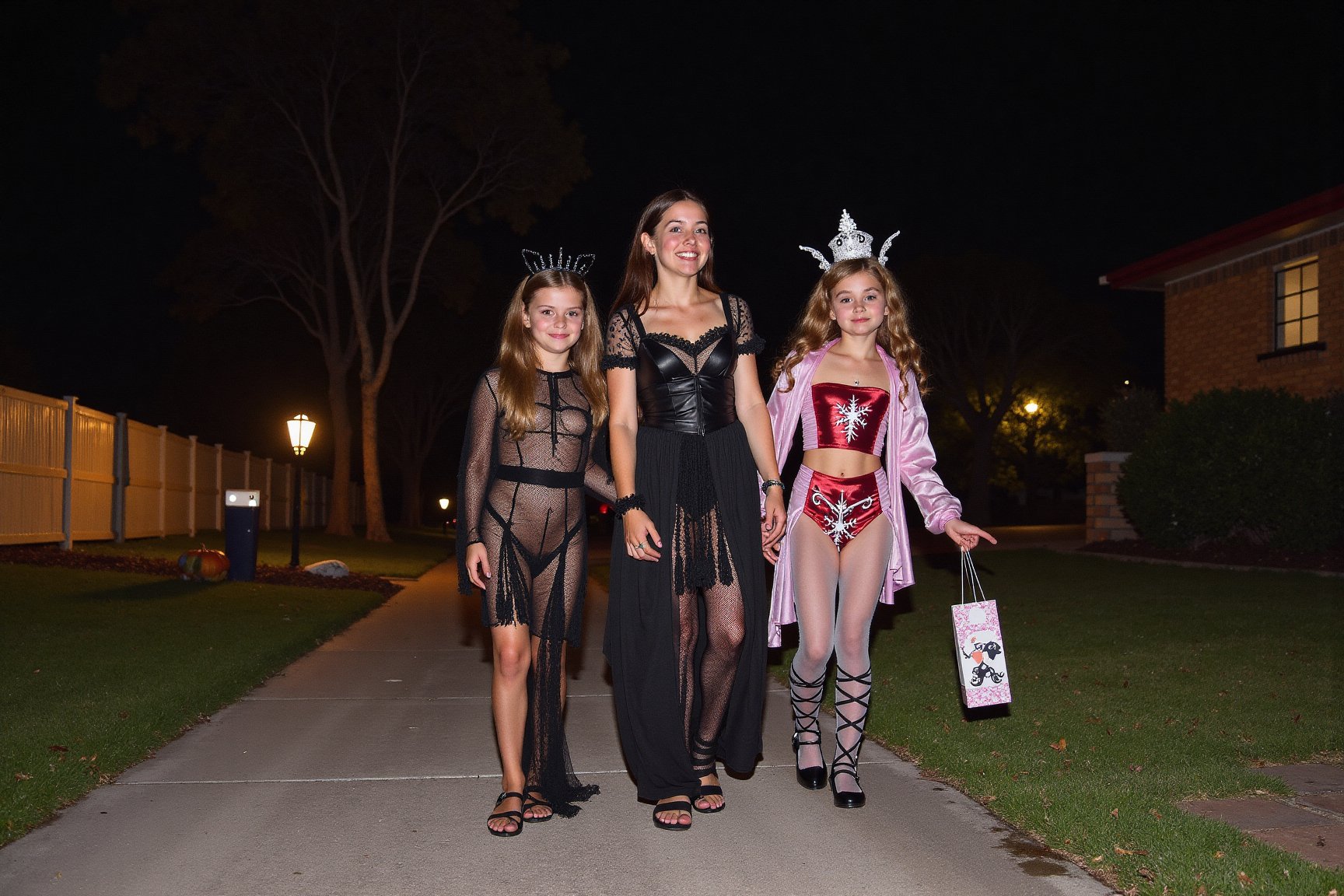 A gorgeous photo of a mother and her two  tween daughters, dressed in sexy Halloween costumes, holding a candy bag, walking on the footpath of a quiet suburban Australian street at night, trick or treaters, Halloween theme, smiling for the camera